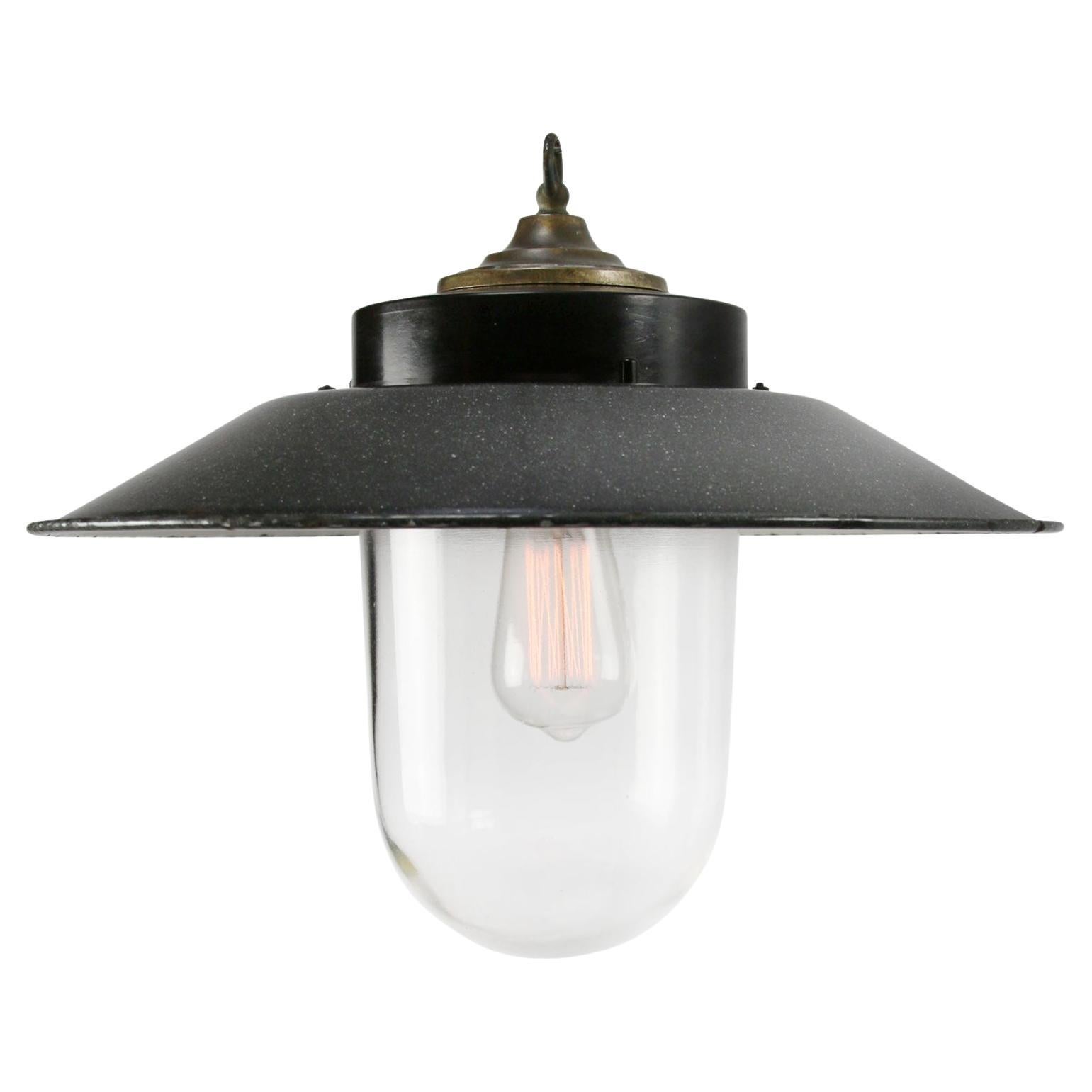 Gray Enamel Vintage Industrial Bakelite Brass Top Clear Glass Pendant Lights For Sale