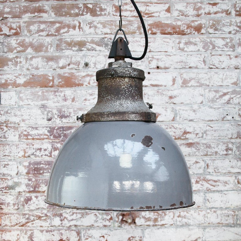 Gray Enamel Vintage Industrial Cast Iron Pendants Light by Industria