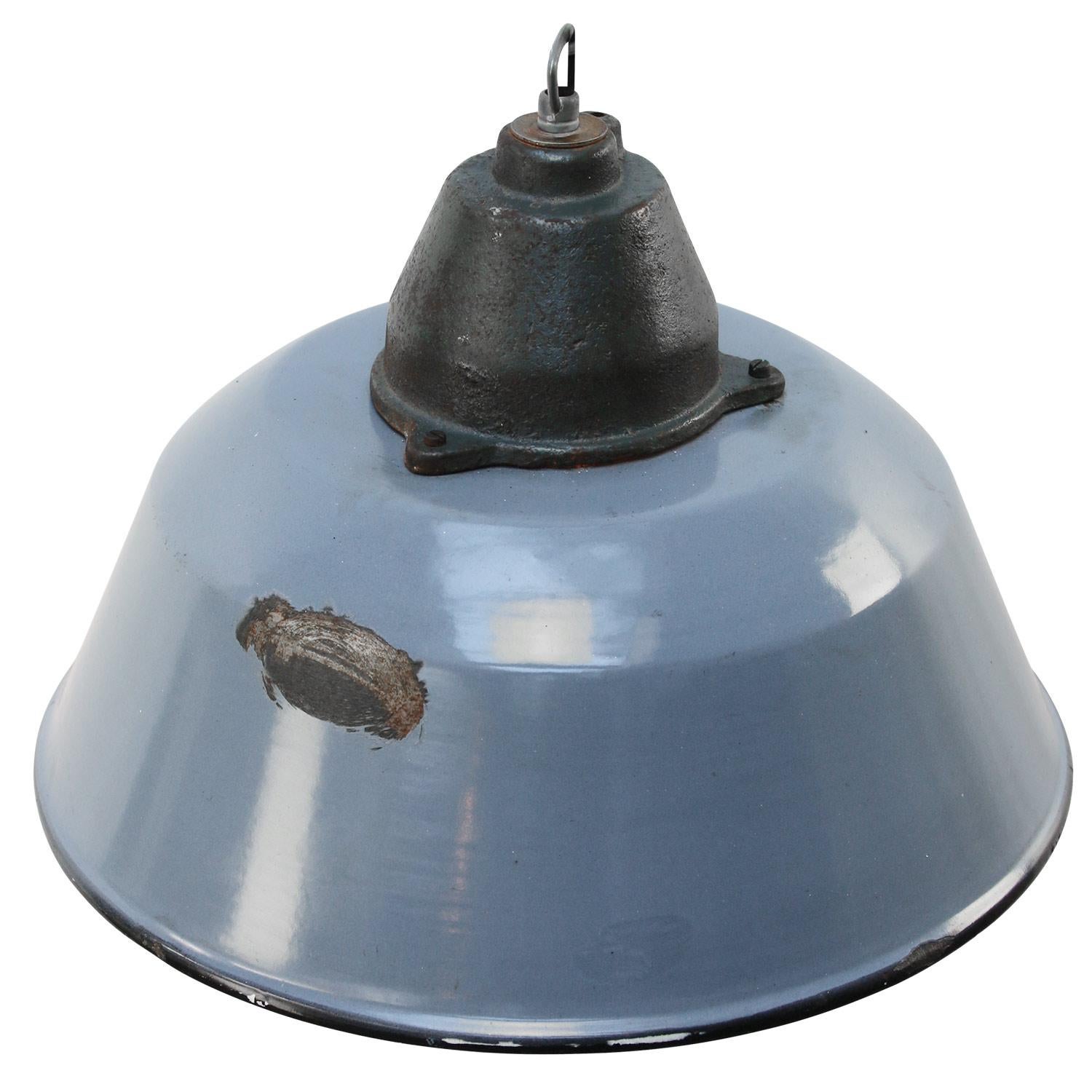 Factory pendant. Gray enamel white interior. Cast iron top with clear glass.

Measures: Weight 3.4 kg / 7.5 lb

Priced per individual item. All lamps have been made suitable by international standards for incandescent light bulbs, energy-efficient