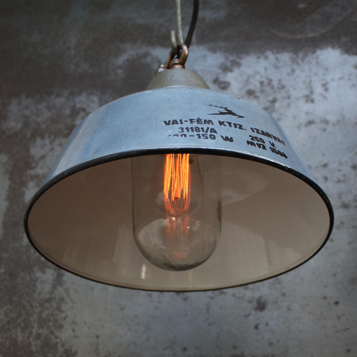 Hungarian Gray Enamel Vintage Industrial Clear Glass Cast Iron Pendant Light For Sale