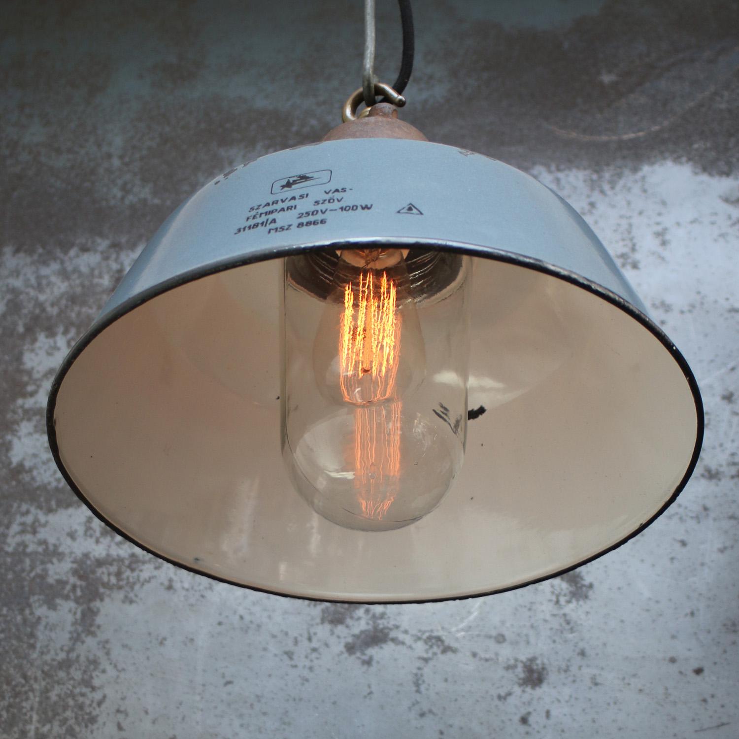Hungarian Gray Enamel Vintage Industrial Clear Glass Cast Iron Pendant Lights For Sale