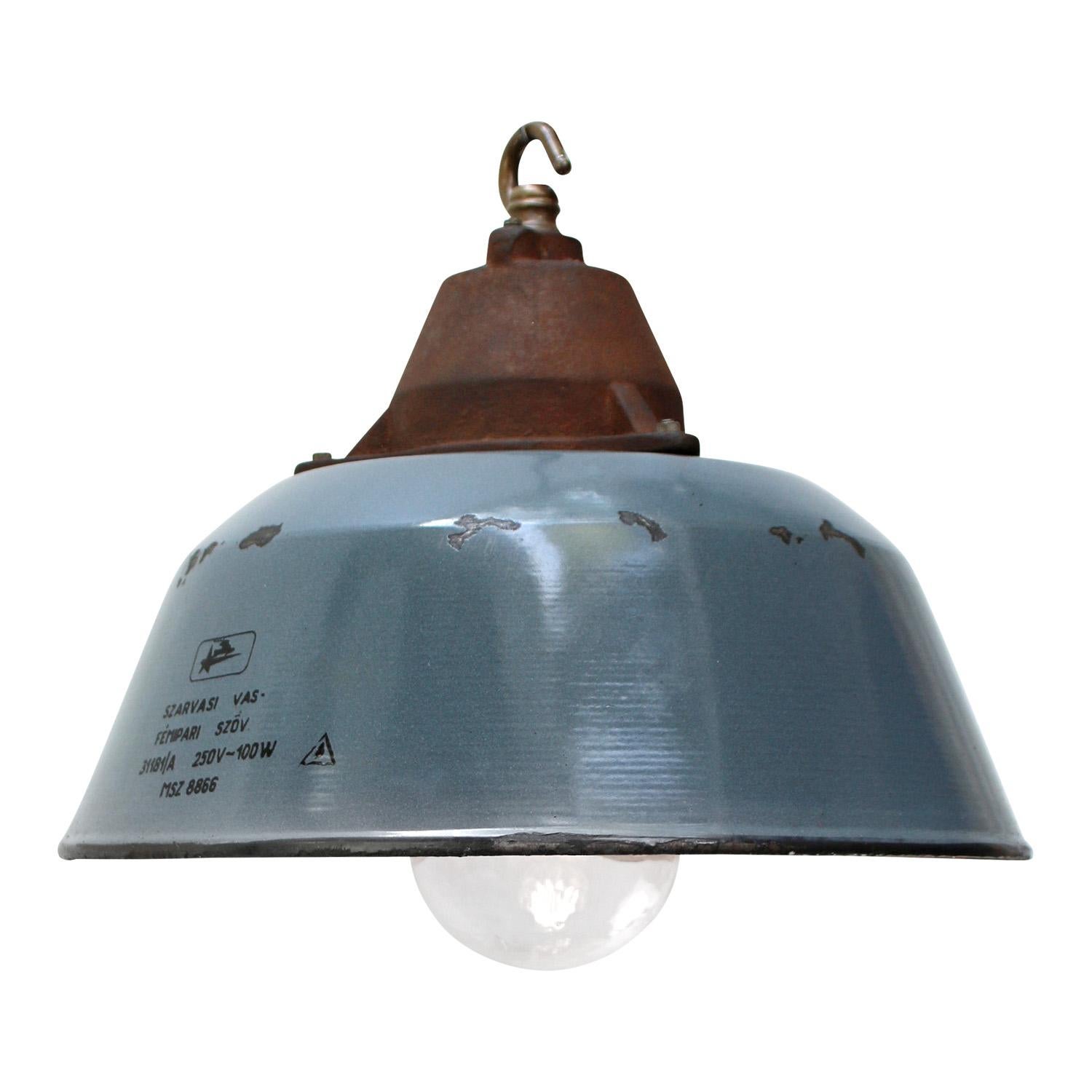 20th Century Gray Enamel Vintage Industrial Clear Glass Cast Iron Pendant Lights For Sale