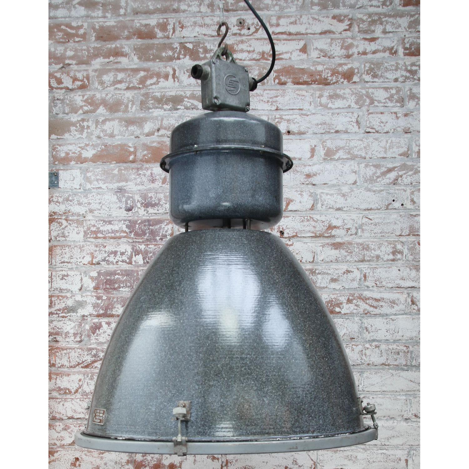 20th Century Gray Enamel Vintage Industrial Clear Glass Pendant Lamps
