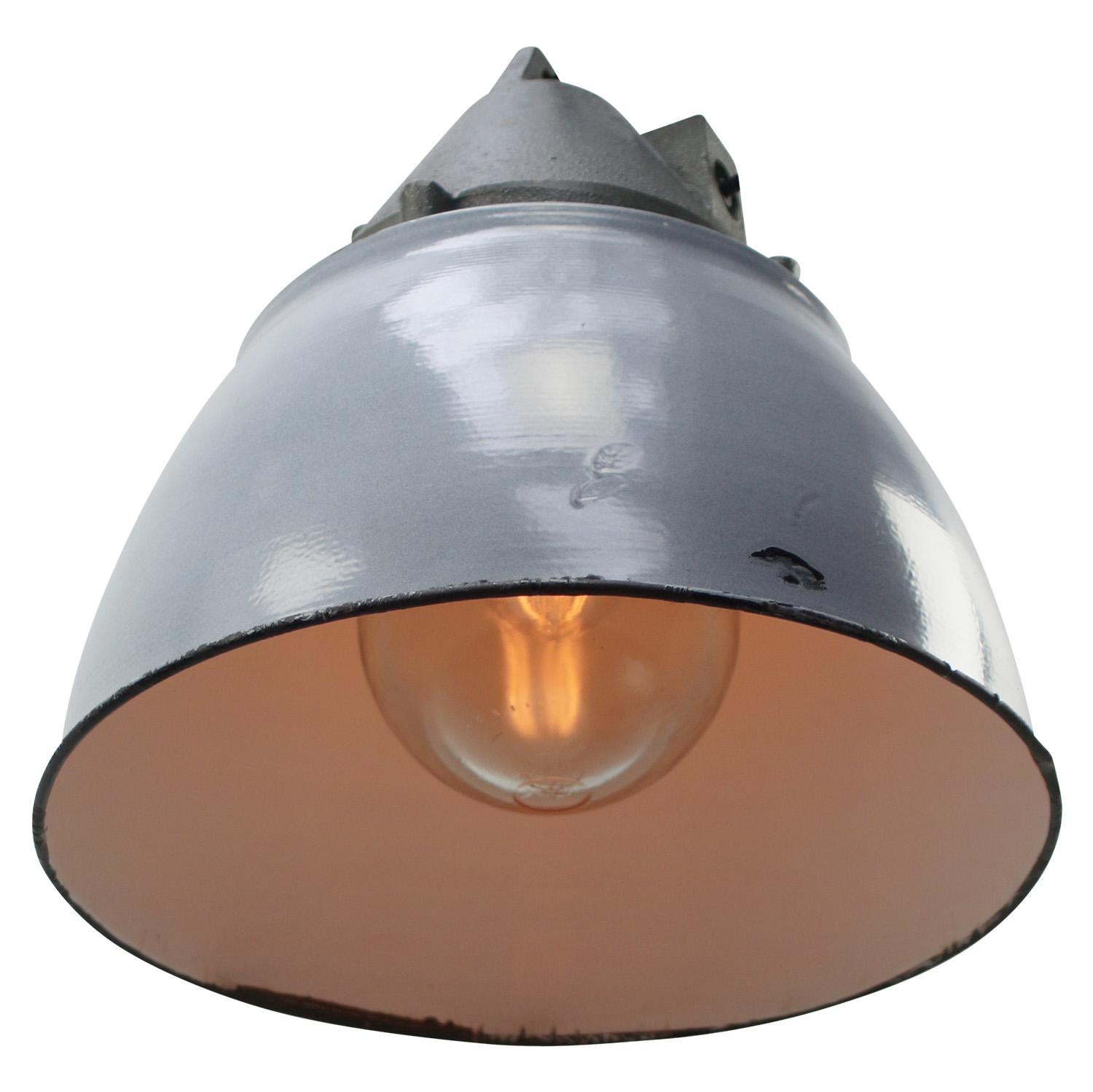 Gray enamel vintage industrial pendant light
Cast aluminium top with clear glass

Weight: 7.00 kg / 15.4 lb

Priced per individual item. All lamps have been made suitable by international standards for incandescent light bulbs, energy-efficient and