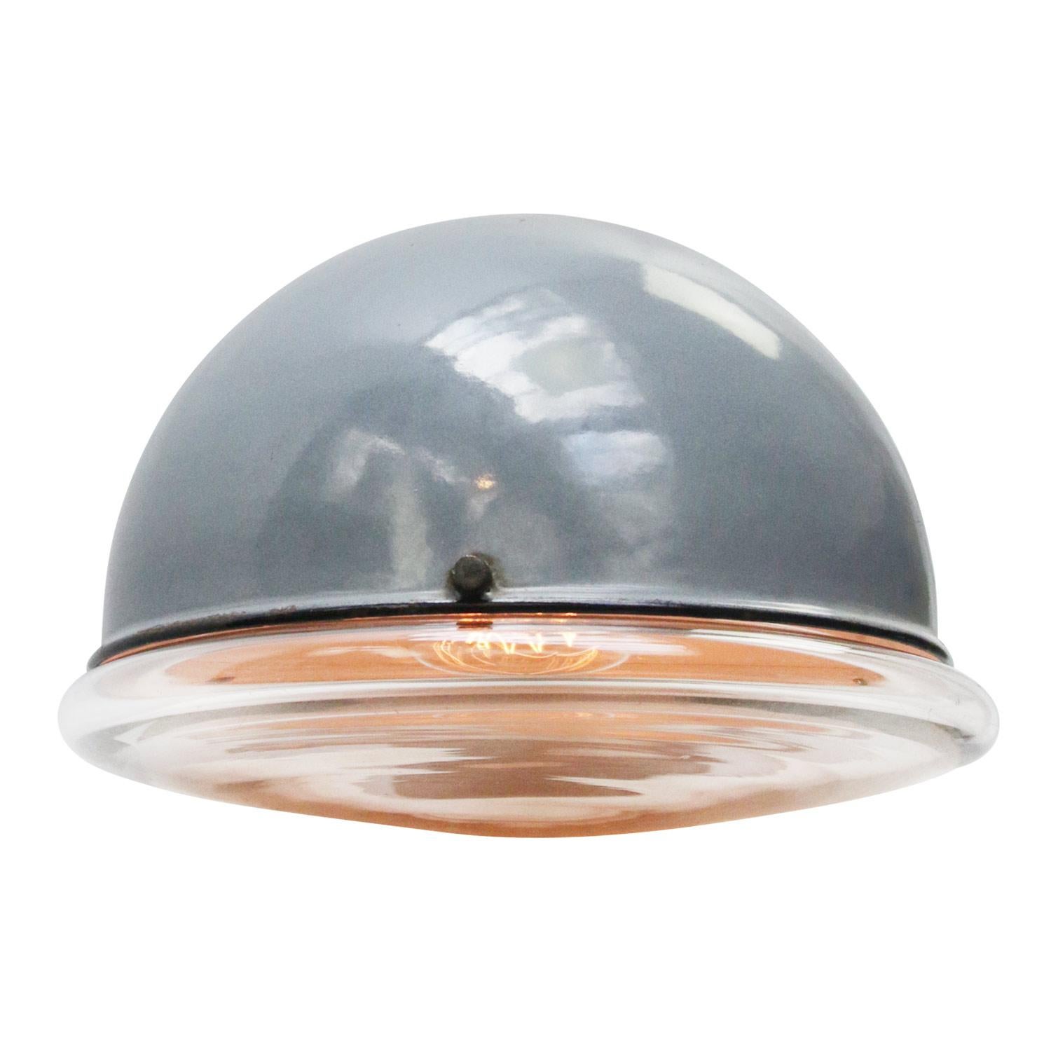 German Gray Enamel Vintage Industrial Clear Round Glass Scone Wall Light