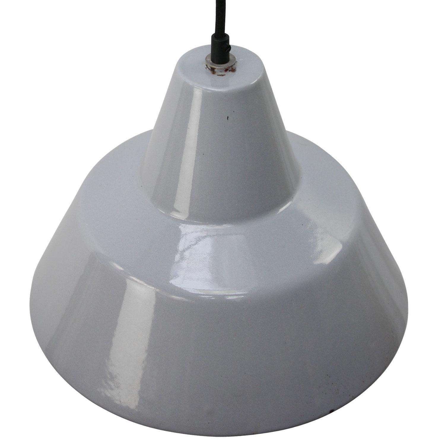 Industrial hanging lamp made by Philips, Holland.
Gray enamel white interior.

Weight: 0.80 kg / 1.8 lb

Priced per individual item. All lamps have been made suitable by international standards for incandescent light bulbs, energy-efficient and
