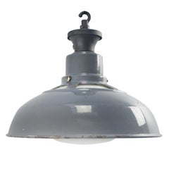 Gray Enamel Vintage Industrial Opaline Glass Pendant Lights by Benjamin UK