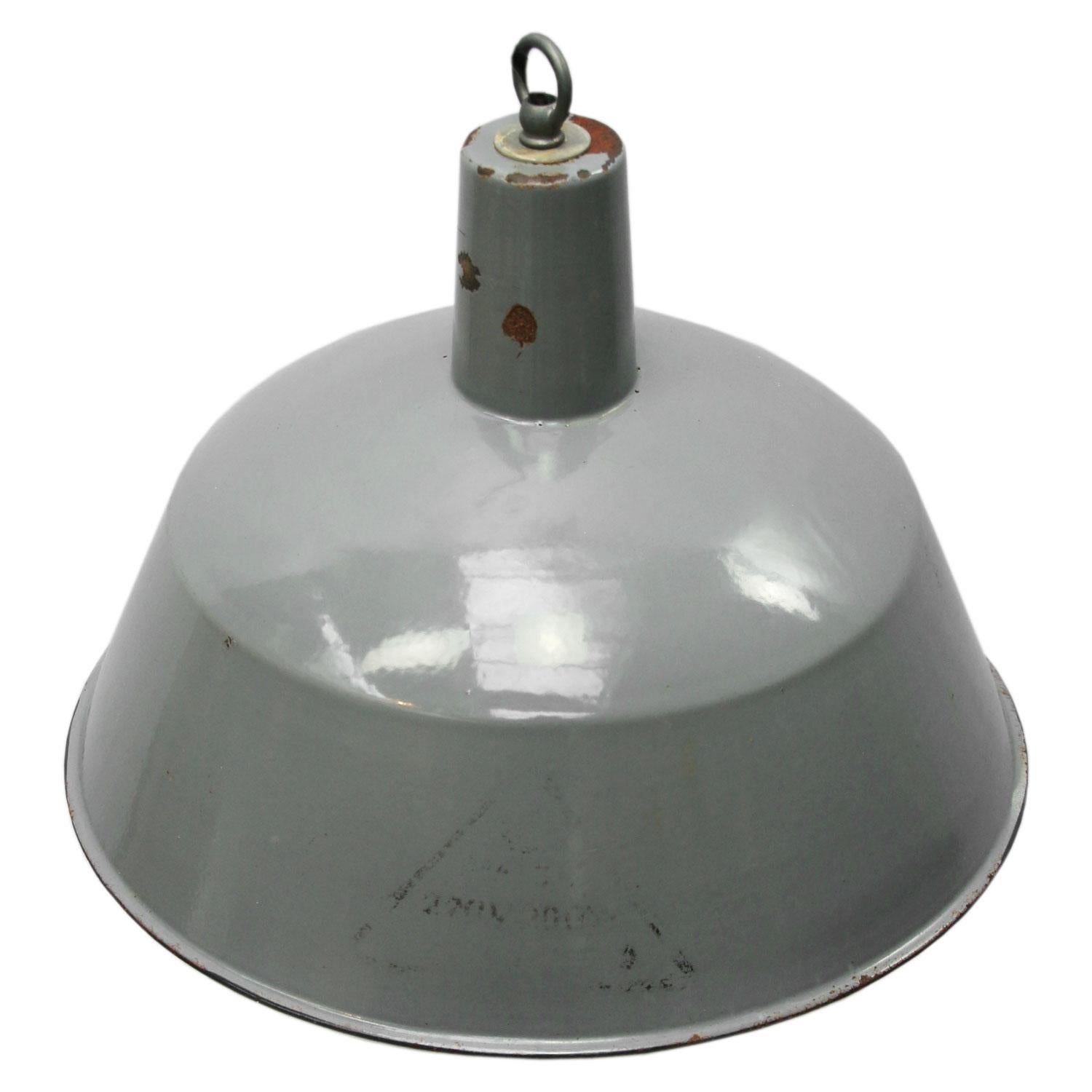 Factory hanging lamp
grey enamel with white type, white interior

Weight: 2.00 kg / 4.4 lb

Priced per individual item. All lamps have been made suitable by international standards for incandescent light bulbs, energy-efficient and LED bulbs