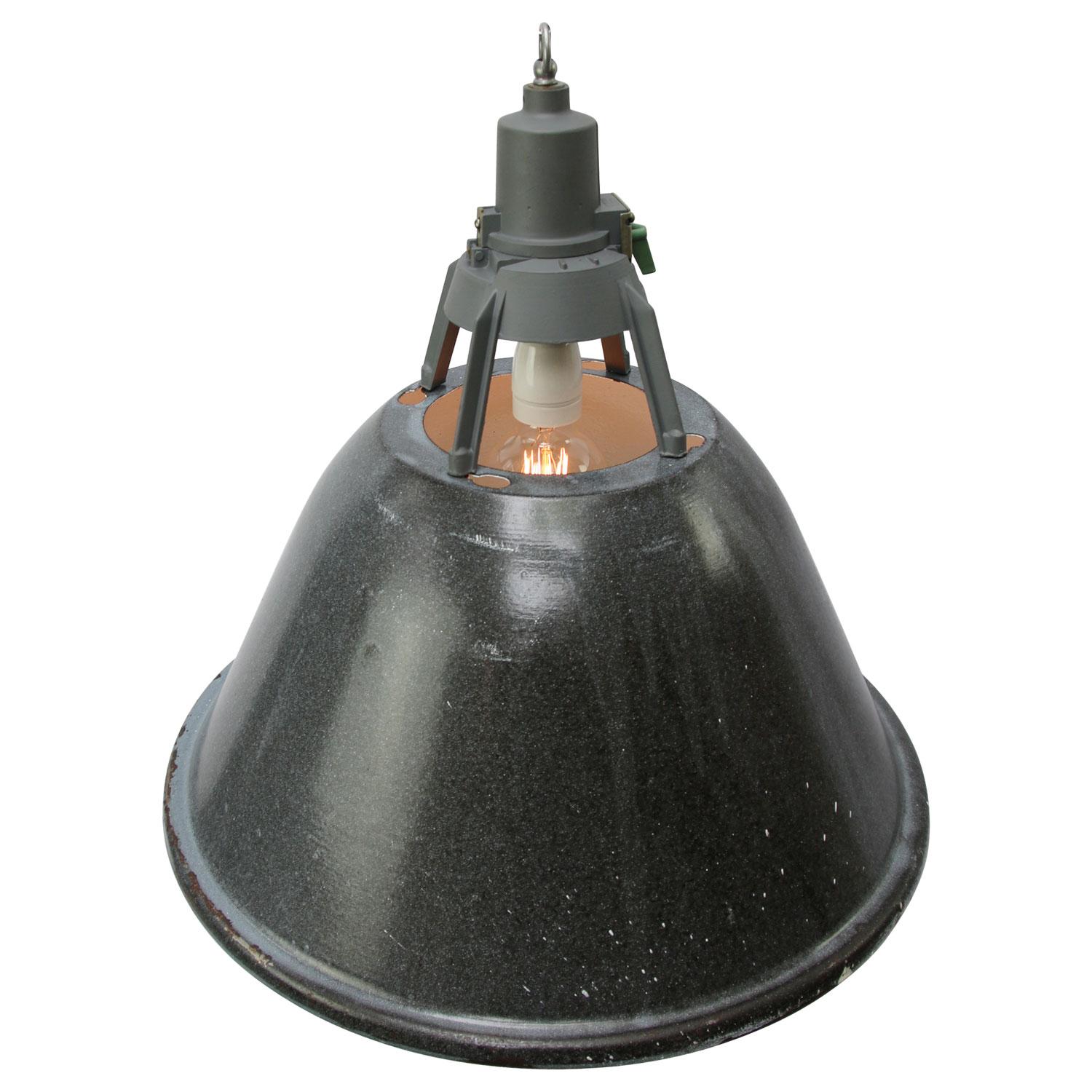 Enamel industrial pendant
Gray enamel shade, white inside.
Dark gray / green cast aluminum top

Weight: 2.90 kg / 6.4 lb

Priced per individual item. All lamps have been made suitable by international standards for incandescent light bulbs,