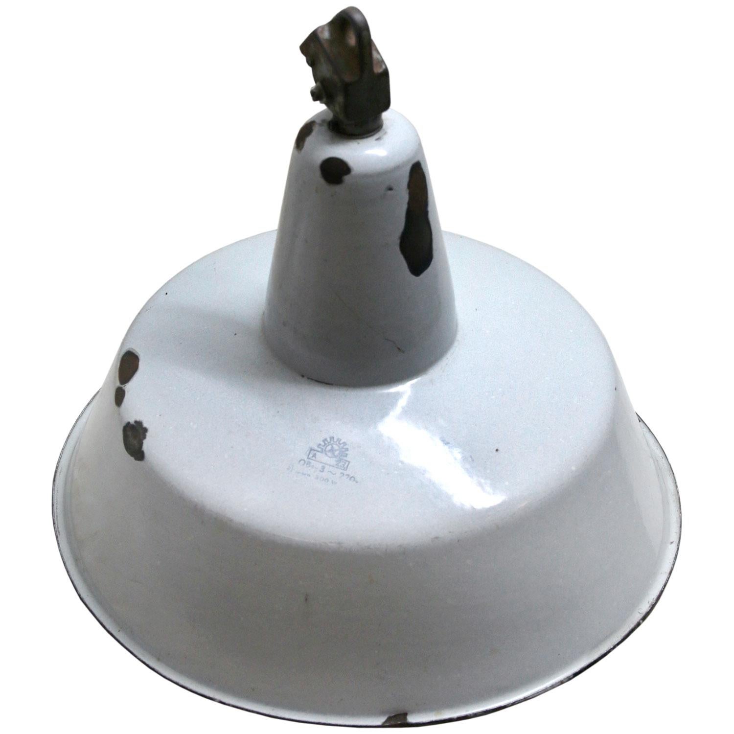 Industrial hanging light
light gray enamel white interior

Weight: 2.30 kg / 5.1 lb

Priced per individual item. All lamps have been made suitable by international standards for incandescent light bulbs, energy-efficient and LED bulbs. E26/E27 bulb