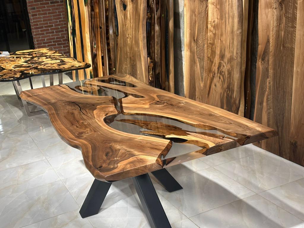 Gray Epoxy Resin Walnut Kitchen River Table In New Condition For Sale In İnegöl, TR