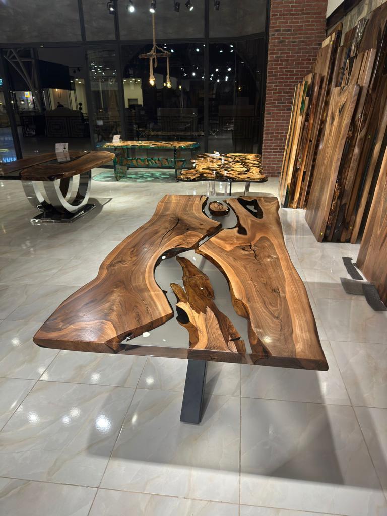 Contemporary Gray Epoxy Resin Walnut Kitchen River Table For Sale