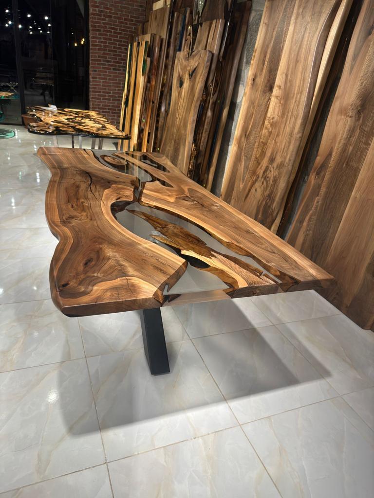 Gray Epoxy Resin Walnut Kitchen River Table For Sale 1