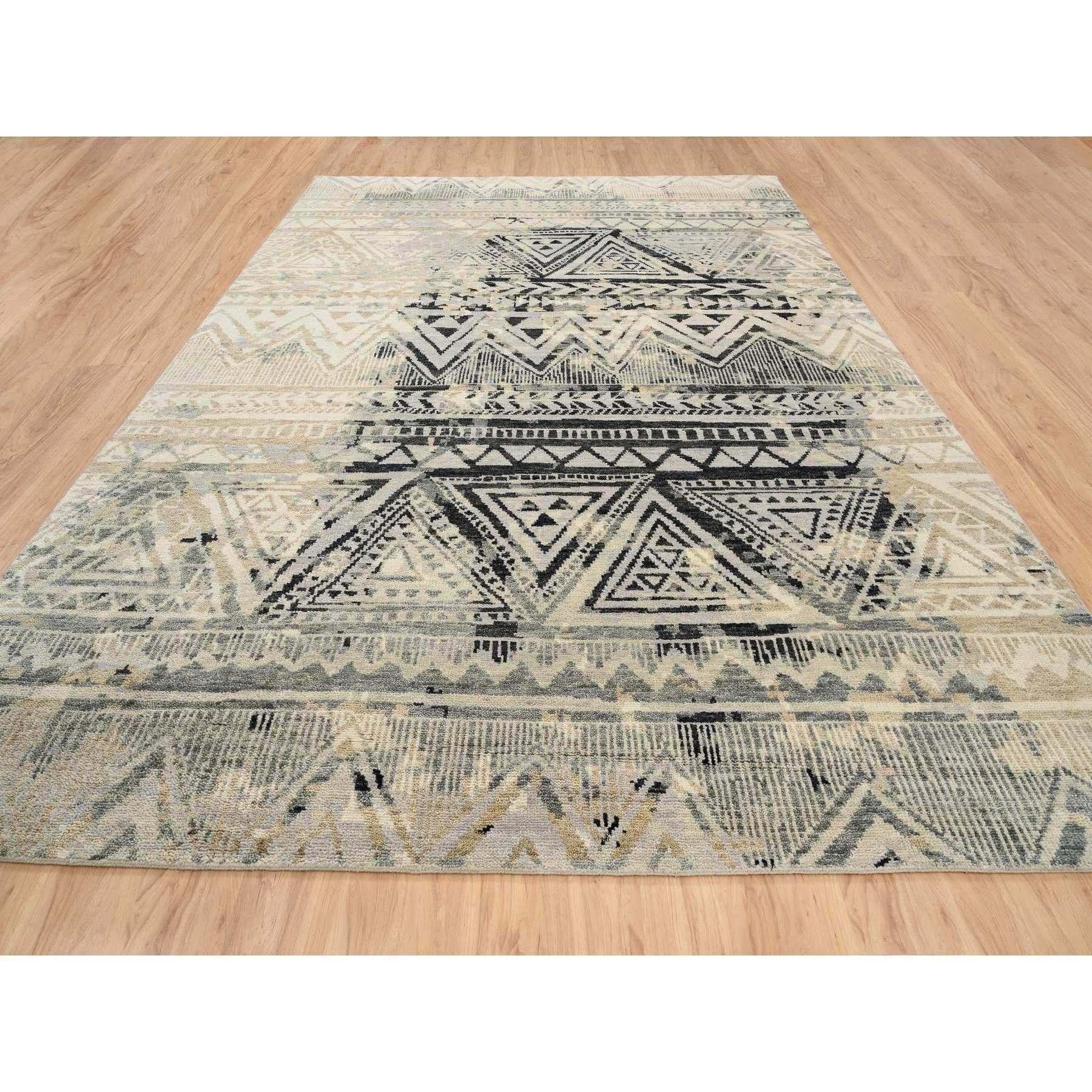 Grauer handgeknüpfter Teppich aus reiner Wolle in Ethnic Geometric Design 9'9