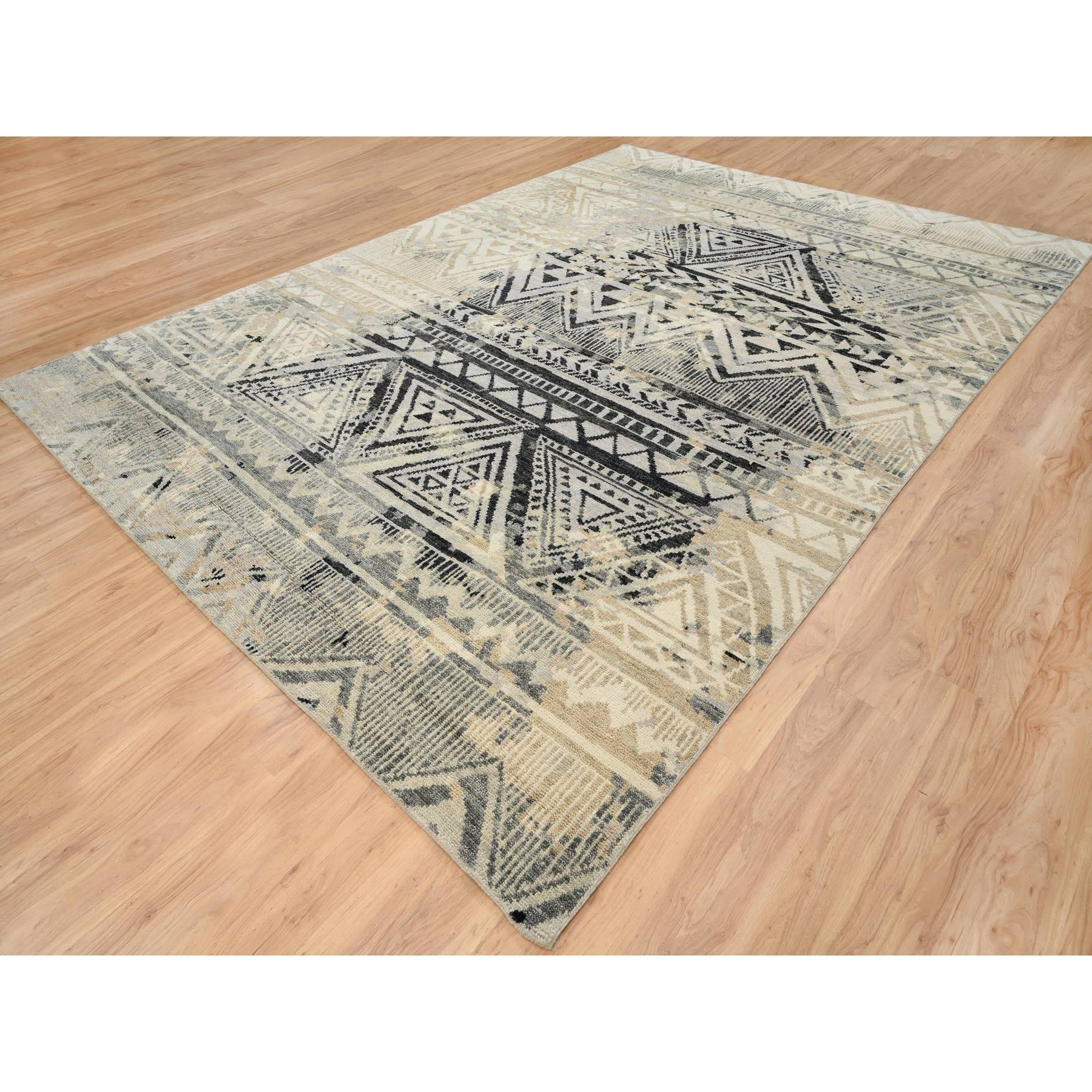 Grauer handgeknüpfter Teppich aus reiner Wolle in Ethnic Geometric Design 9'9