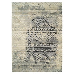 Gray Erased Ethnic Geometric Design Pure Wool Hand Knotted Rug 9'9" x 13'10"