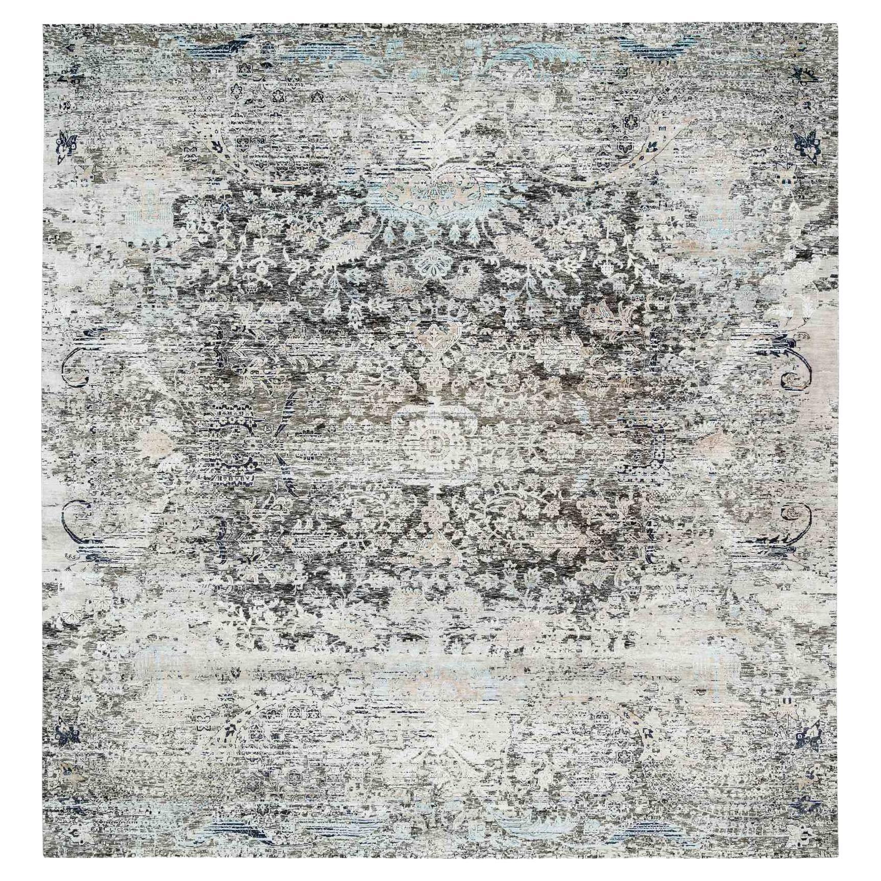 Gray Erased Textured Silk & Wool Hand Knotted XL Oriental Rug 11'9" x 12'3"