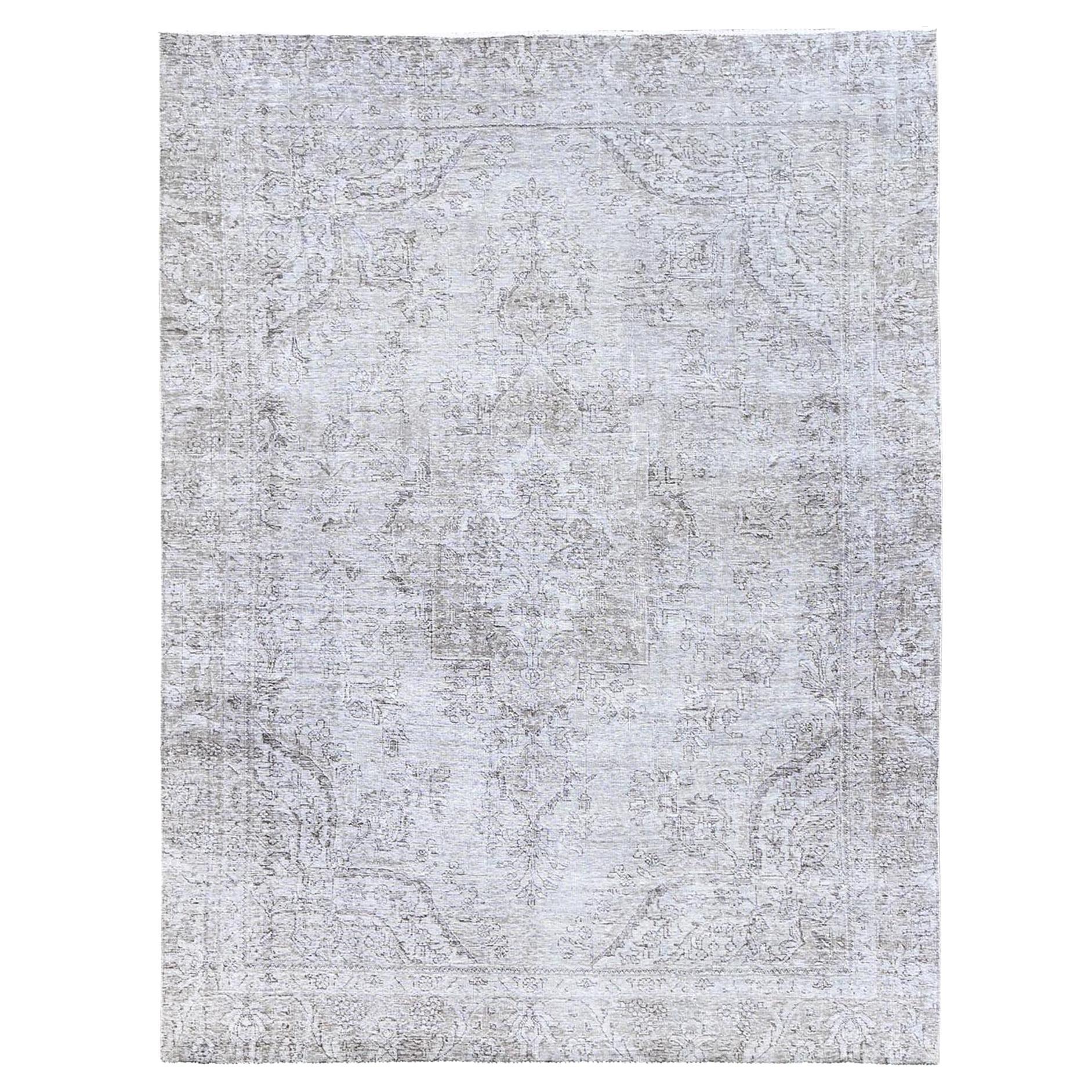 Gray Evenly Worn Old Persian Tabriz White Wash Clean Hand Knotted Soft Wool Rug