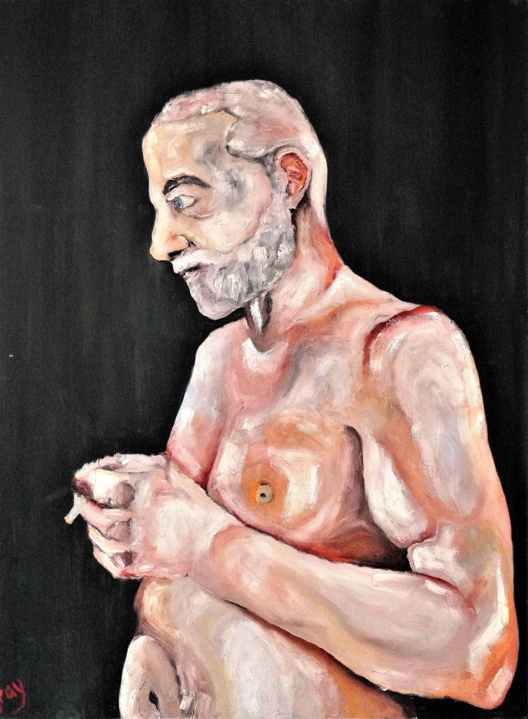 Taken from Gray's most recent exhibition in Prague ''Lost Souls'', based on people who had gone through some recent kind of loss.    The artist managed to capture the man's gaze in a reflective state, perhaps a moment of contemplation. The use of