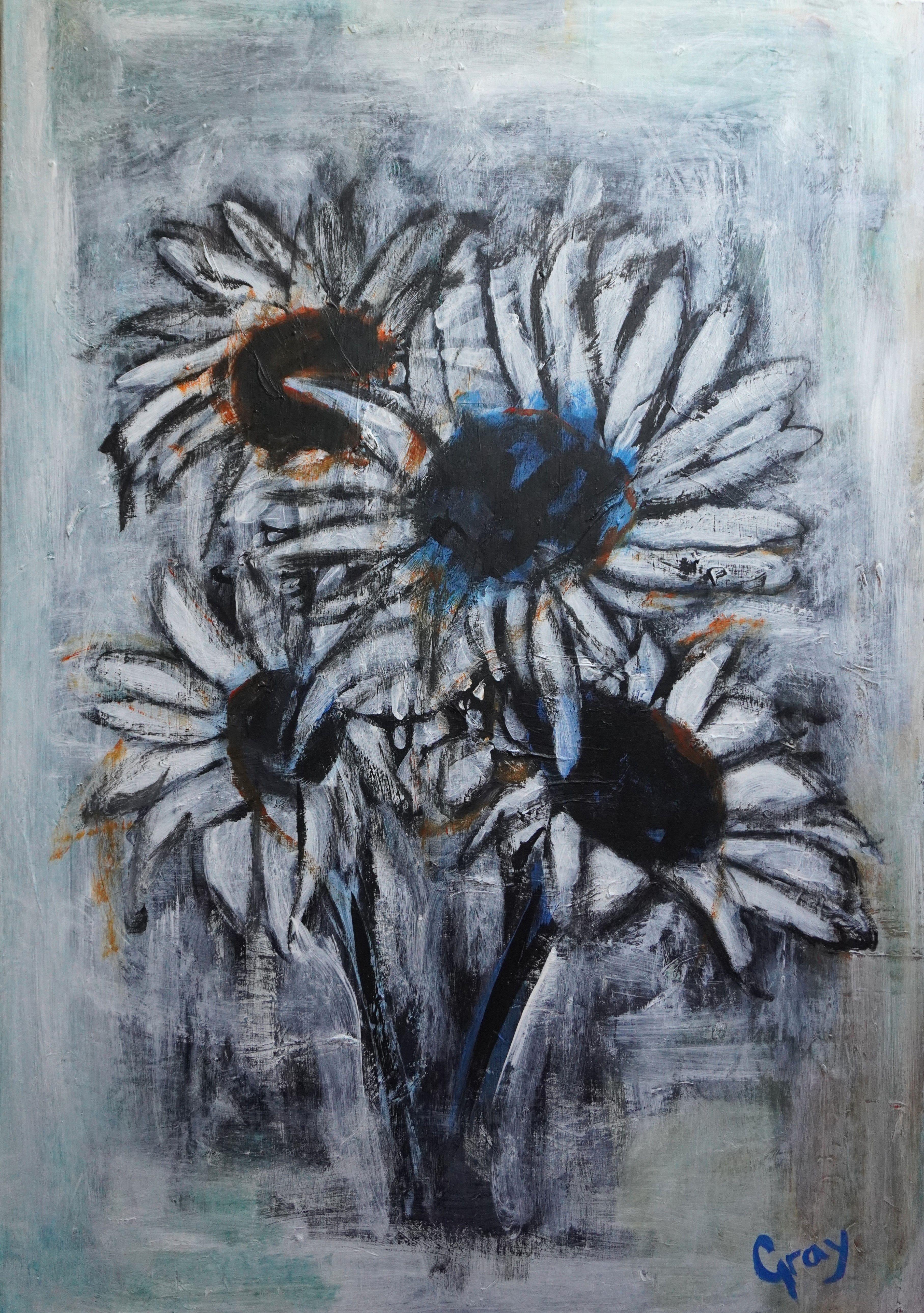 Wildflowers dancing in abstract form. In this series, Gray subtly underlines the movement of wildflowers rather than opting to paint them as still life as most often is the case. There is a certain bold and wild beauty to his latest series that is