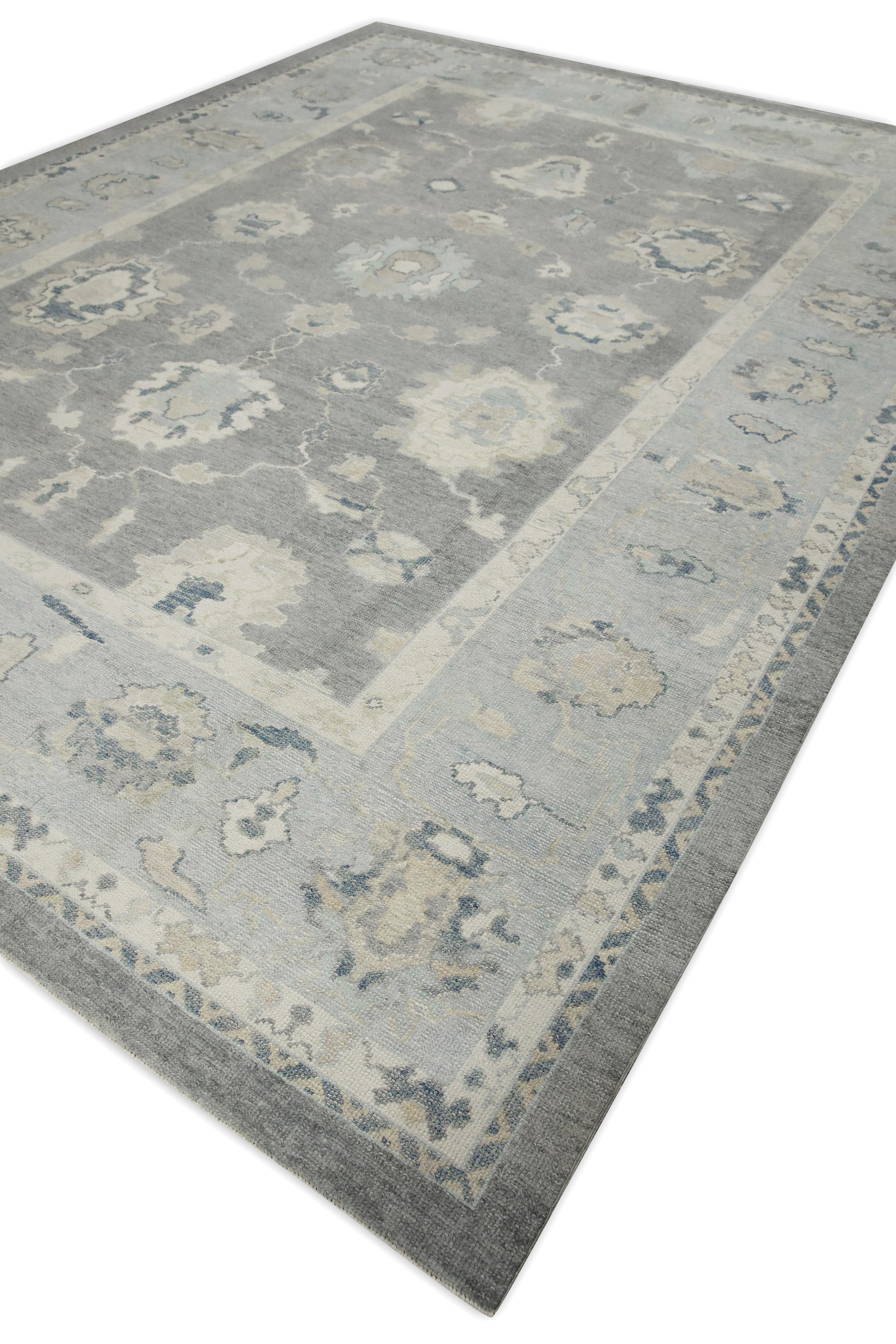 Contemporary Gray Floral Design Handwoven Wool Turkish Oushak Rug 10'2