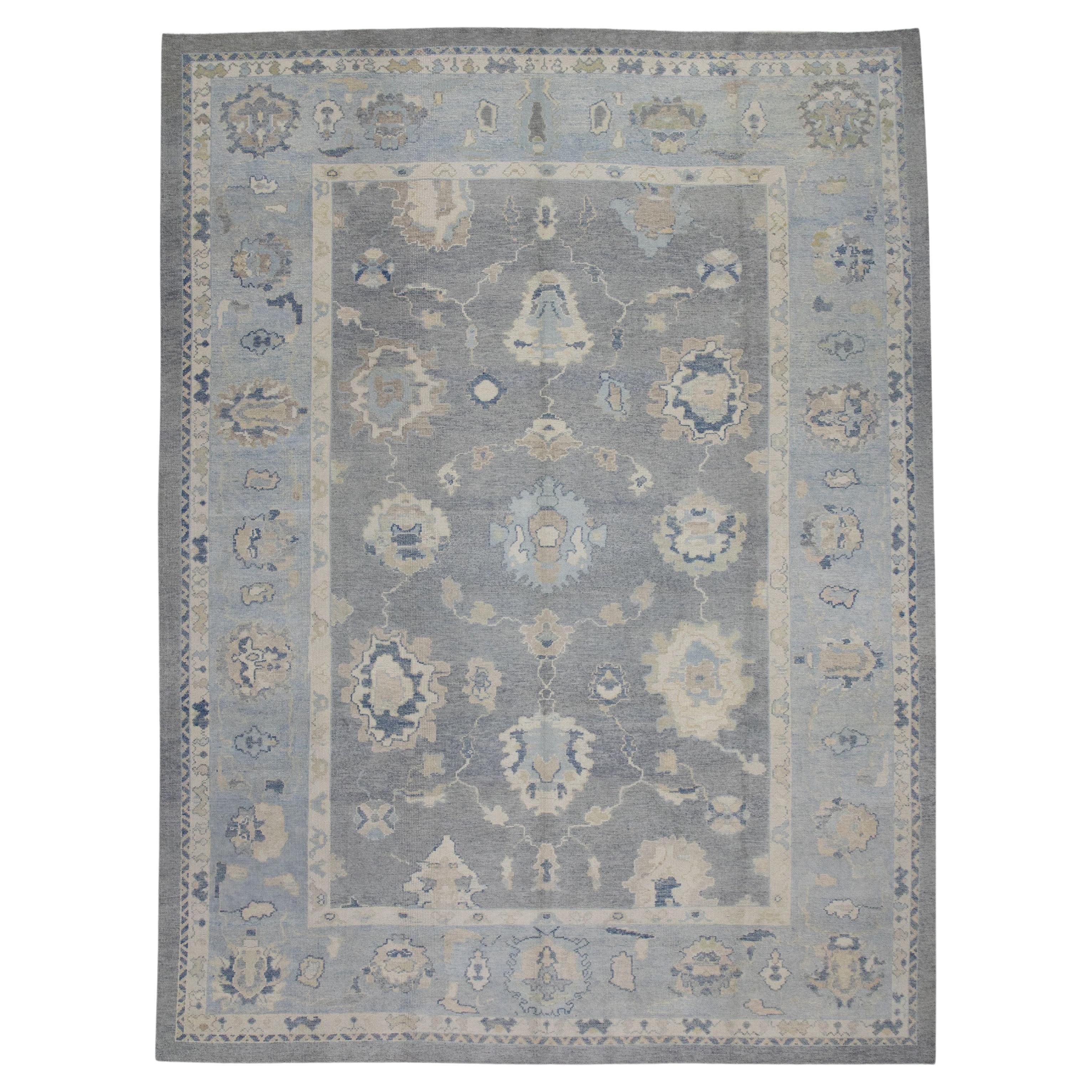 Gray Floral Design Handwoven Wool Turkish Oushak Rug 10'2" X 13'8" For Sale