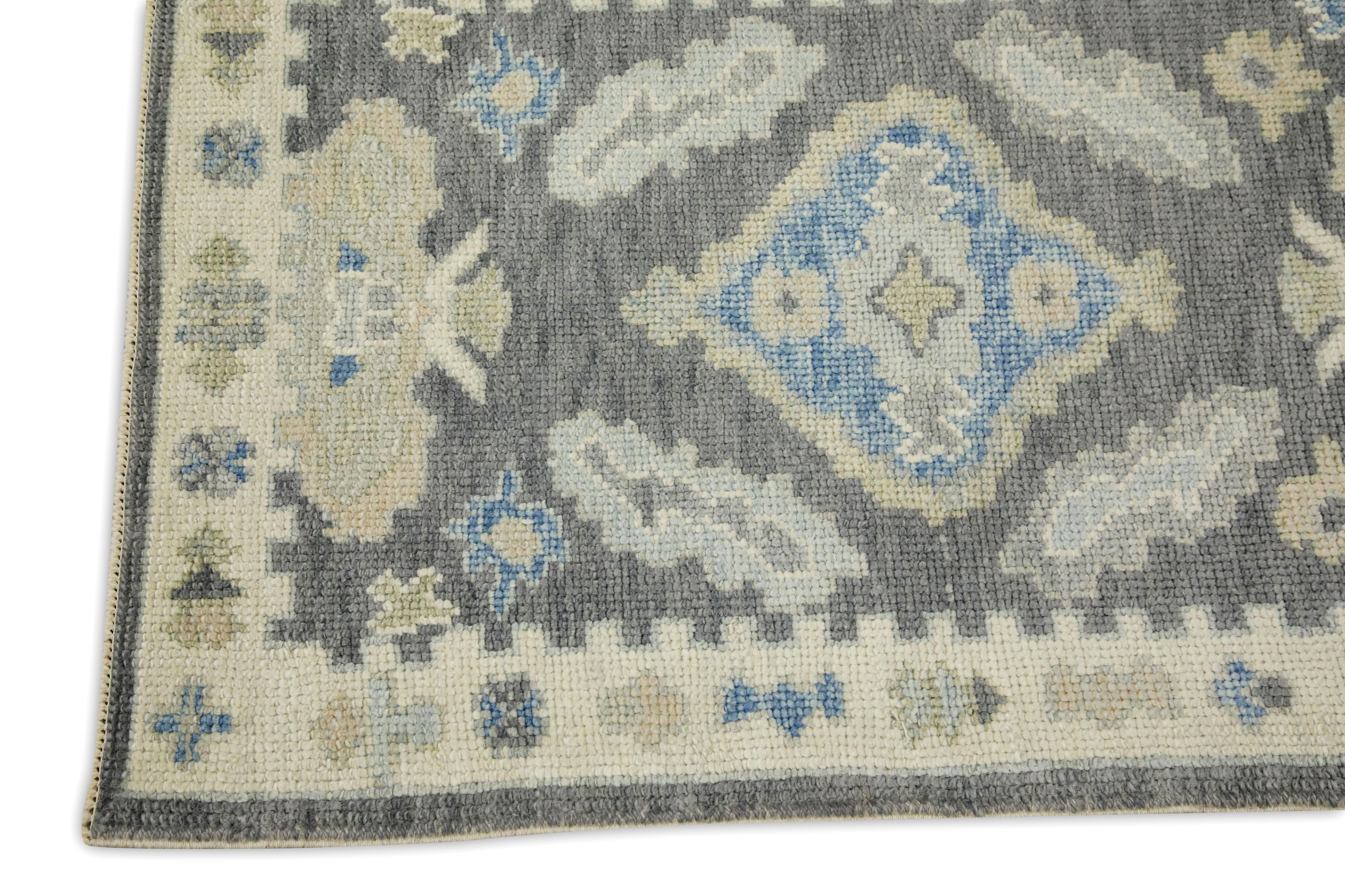 Hand-Woven Gray Floral Design Handwoven Wool Turkish Oushak Rug For Sale