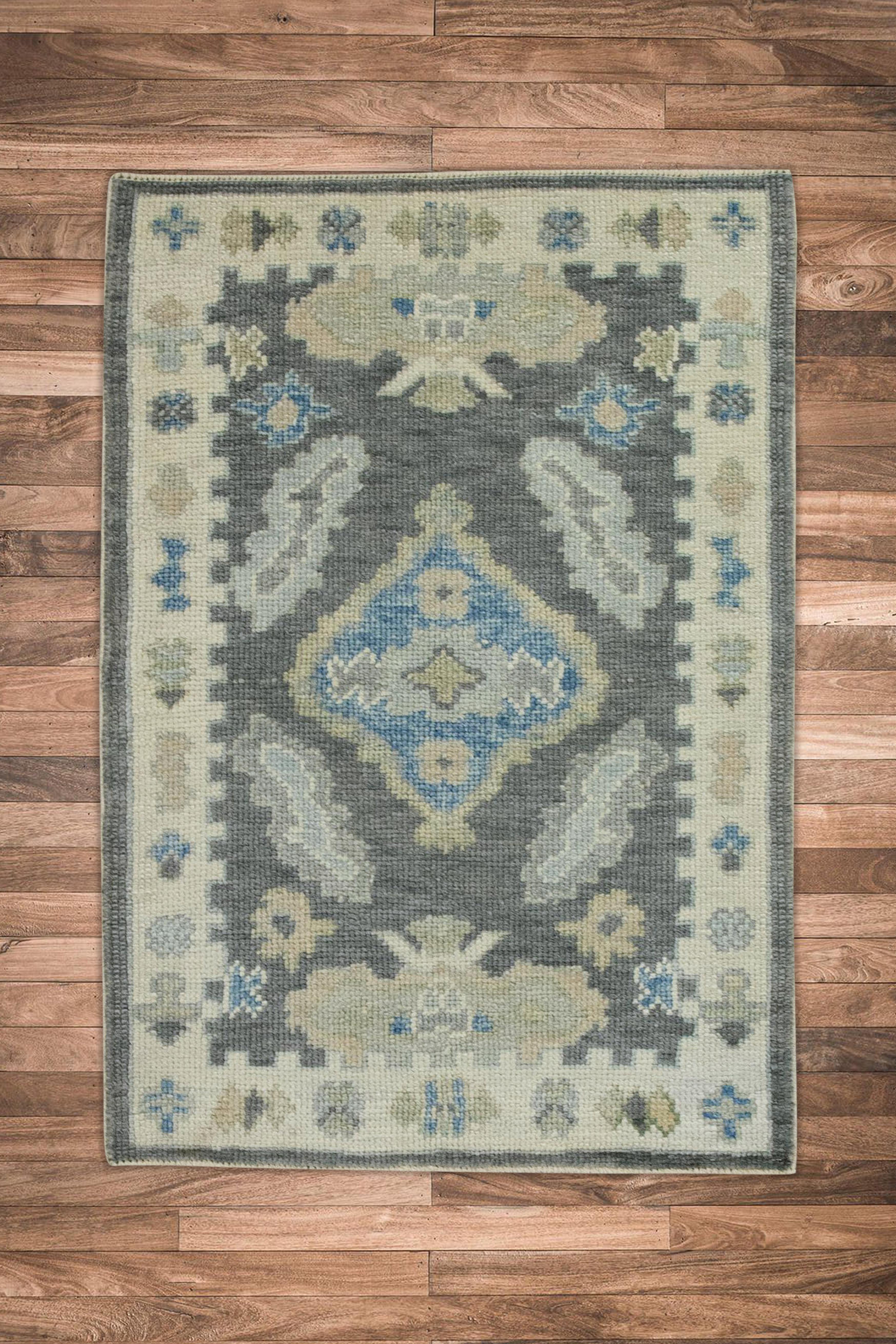 Contemporary Gray Floral Design Handwoven Wool Turkish Oushak Rug For Sale