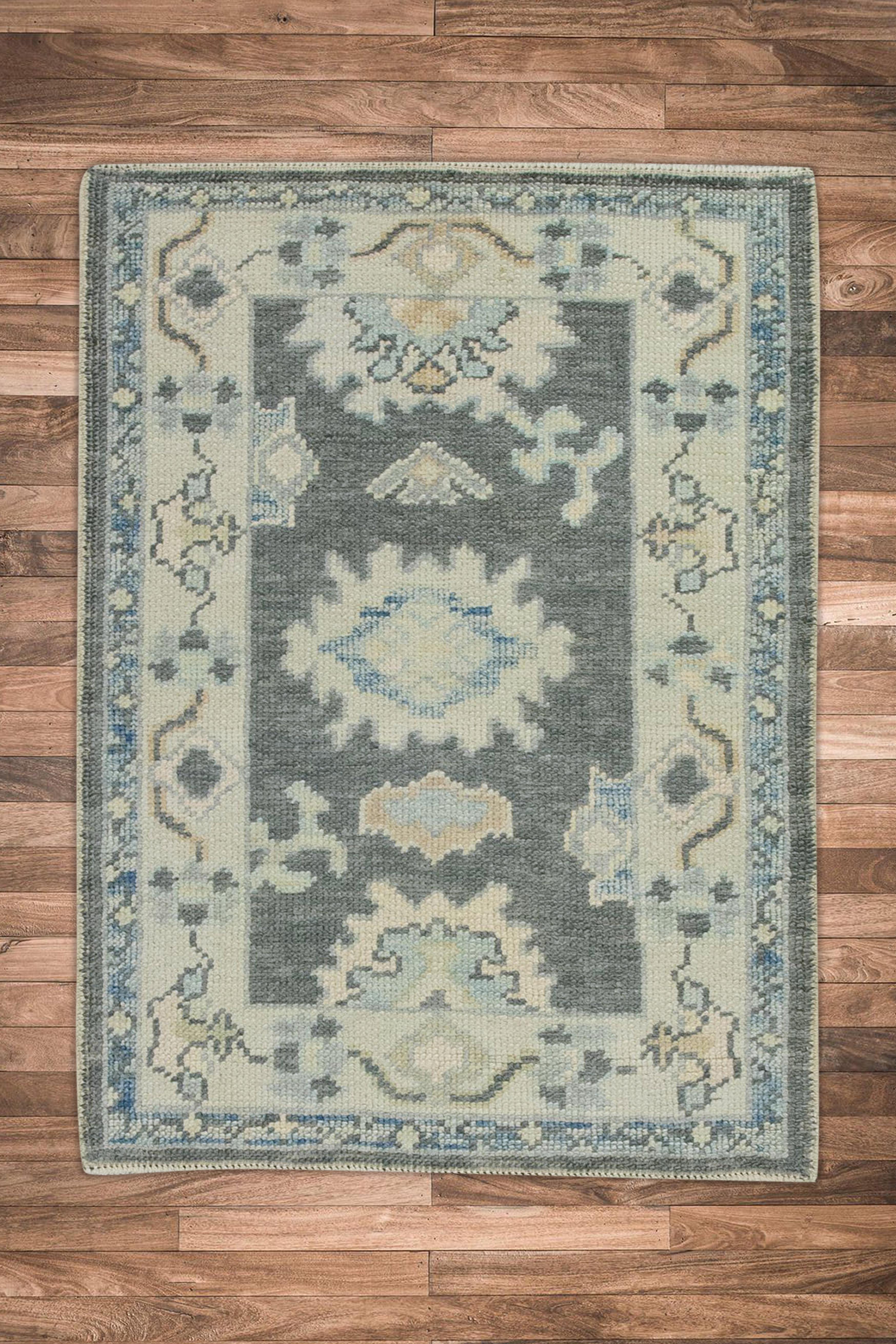 Contemporary Gray Floral Design Handwoven Wool Turkish Oushak Rug For Sale