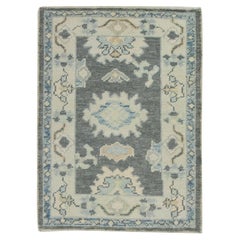 Gray Floral Design Handwoven Wool Turkish Oushak Rug