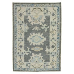 Gray Floral Design Handwoven Wool Turkish Oushak Rug