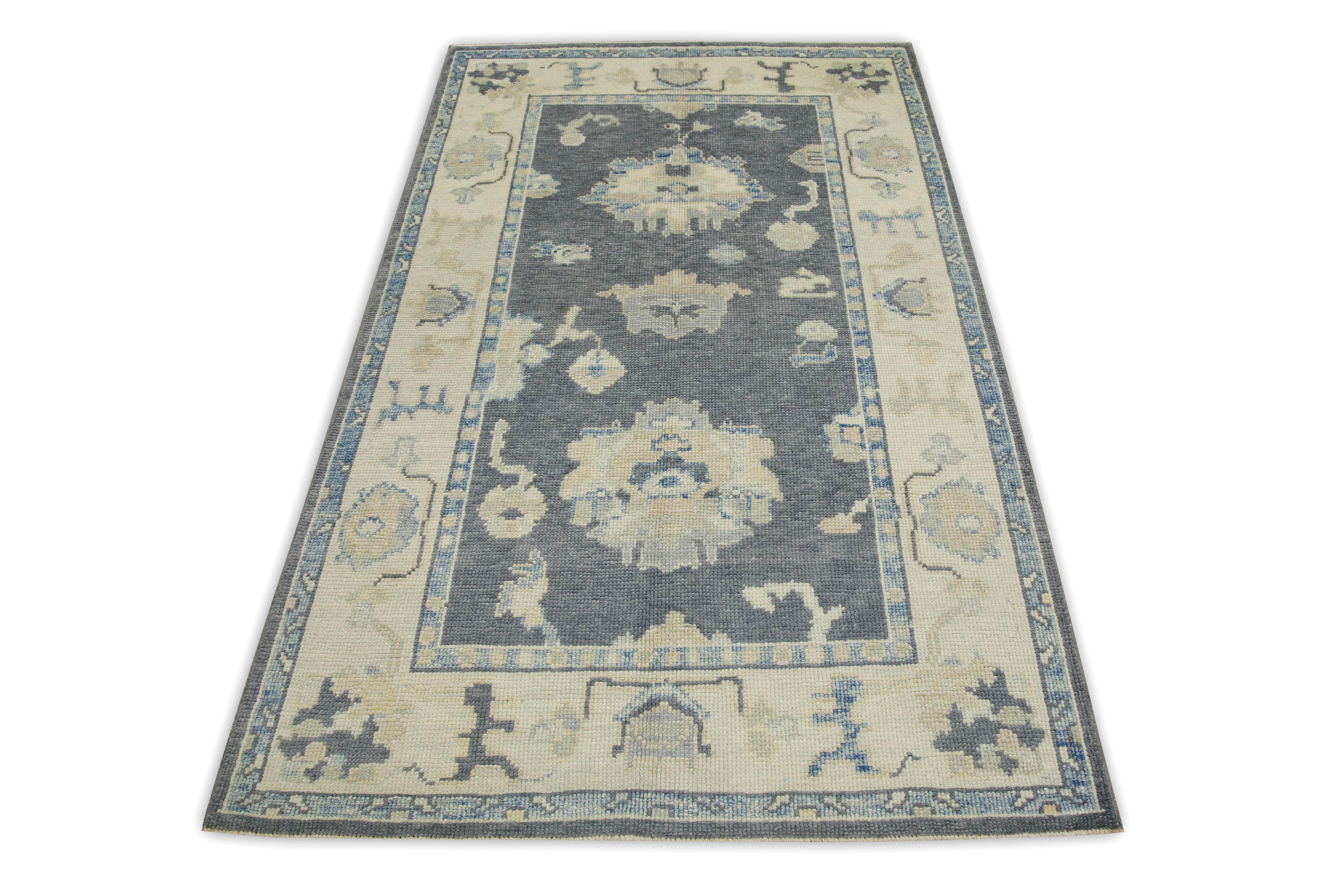 Contemporary Gray Floral Design Handwoven Wool Turkish Oushak Rug 3'10