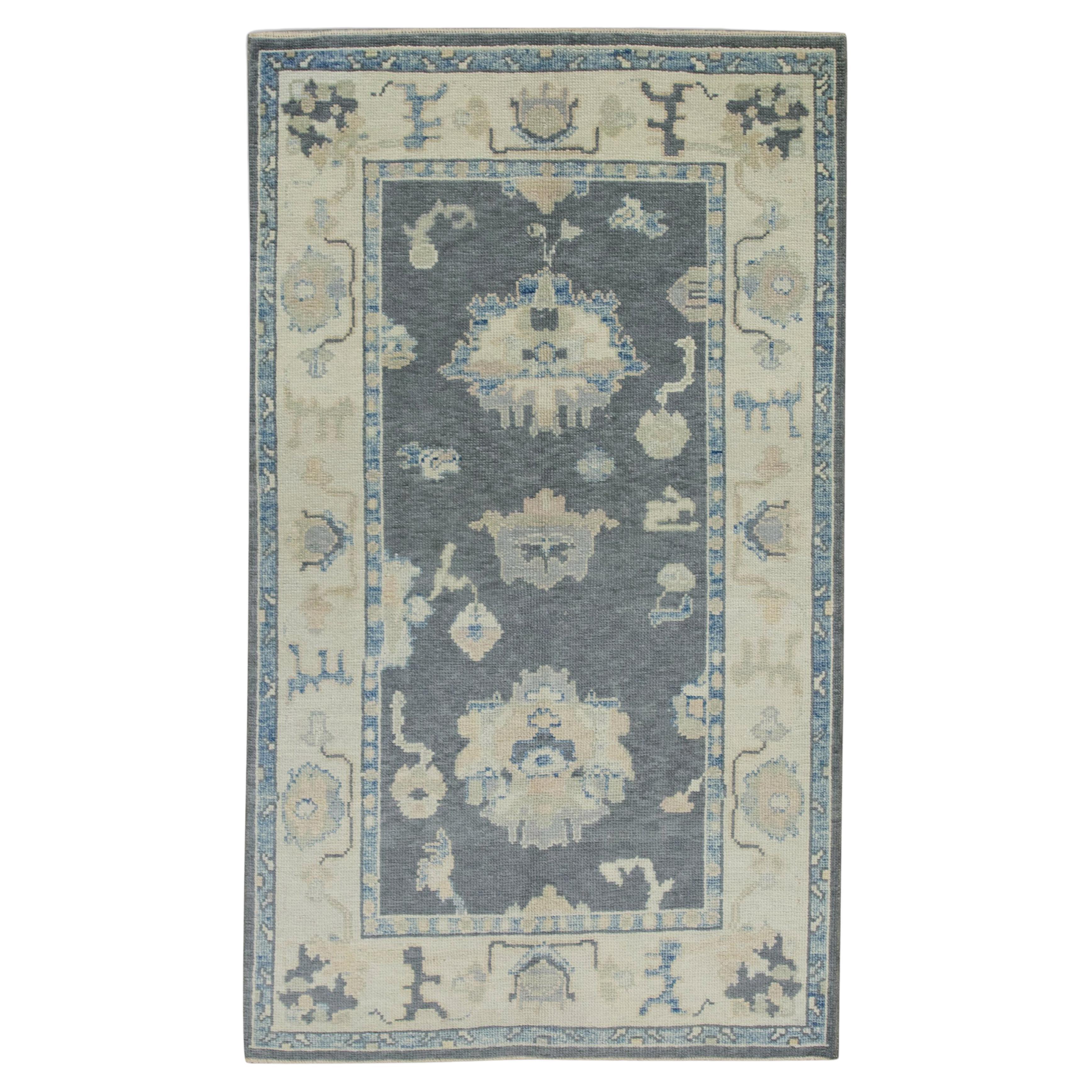 Gray Floral Design Handwoven Wool Turkish Oushak Rug 3'10" x 6'2" For Sale