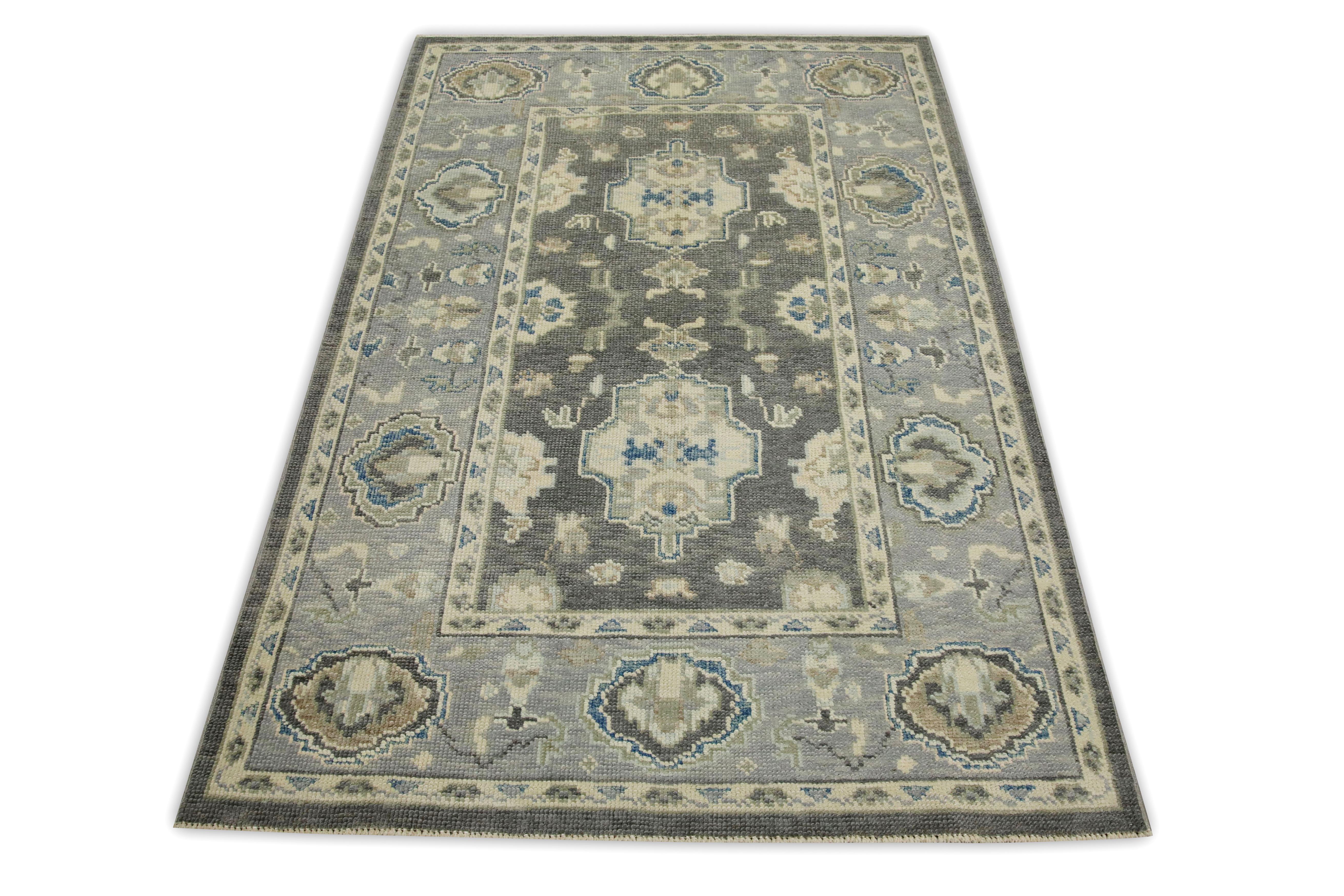 Contemporary Gray Floral Design Handwoven Wool Turkish Oushak Rug 3'11