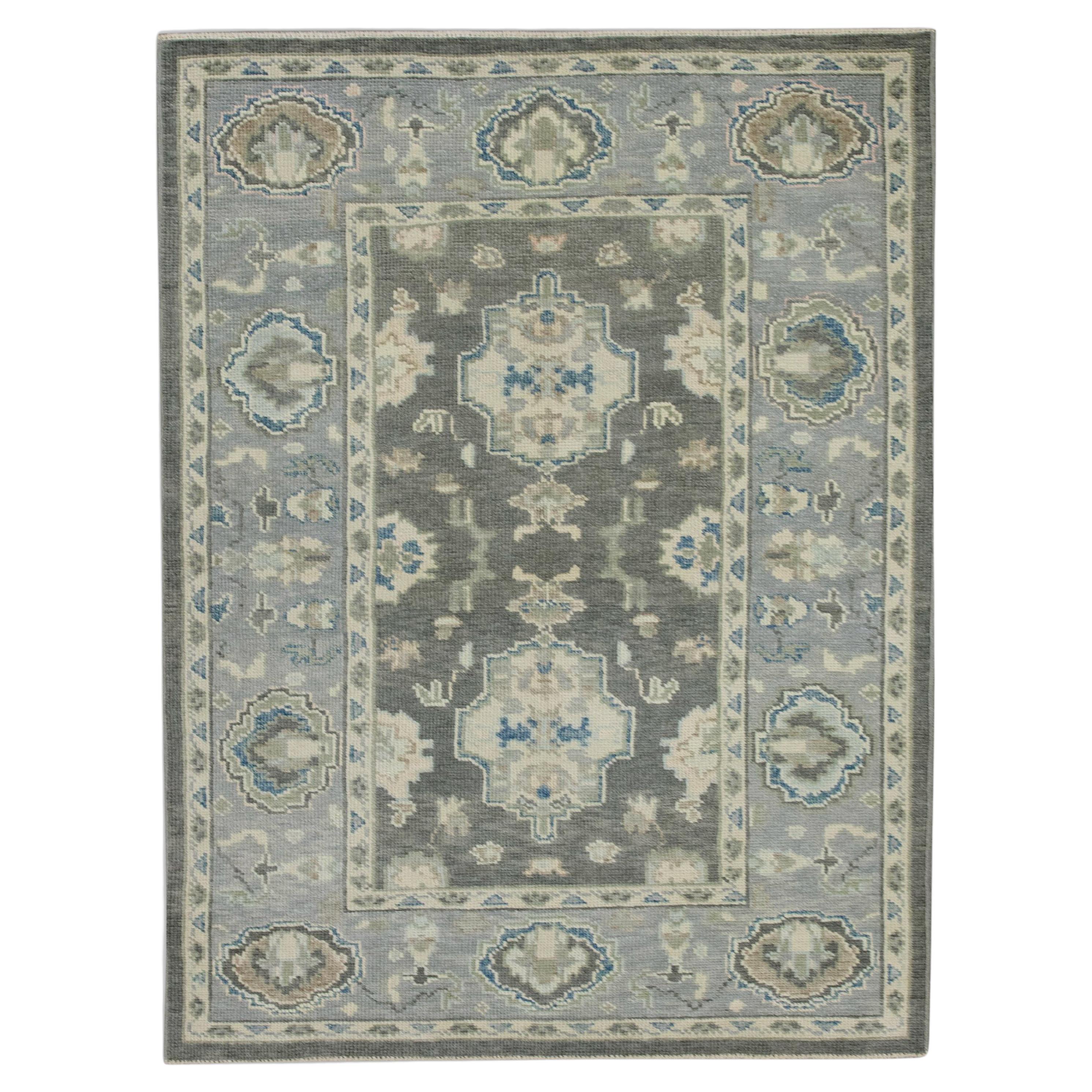 Gray Floral Design Handwoven Wool Turkish Oushak Rug 3'11" x 5'9" For Sale