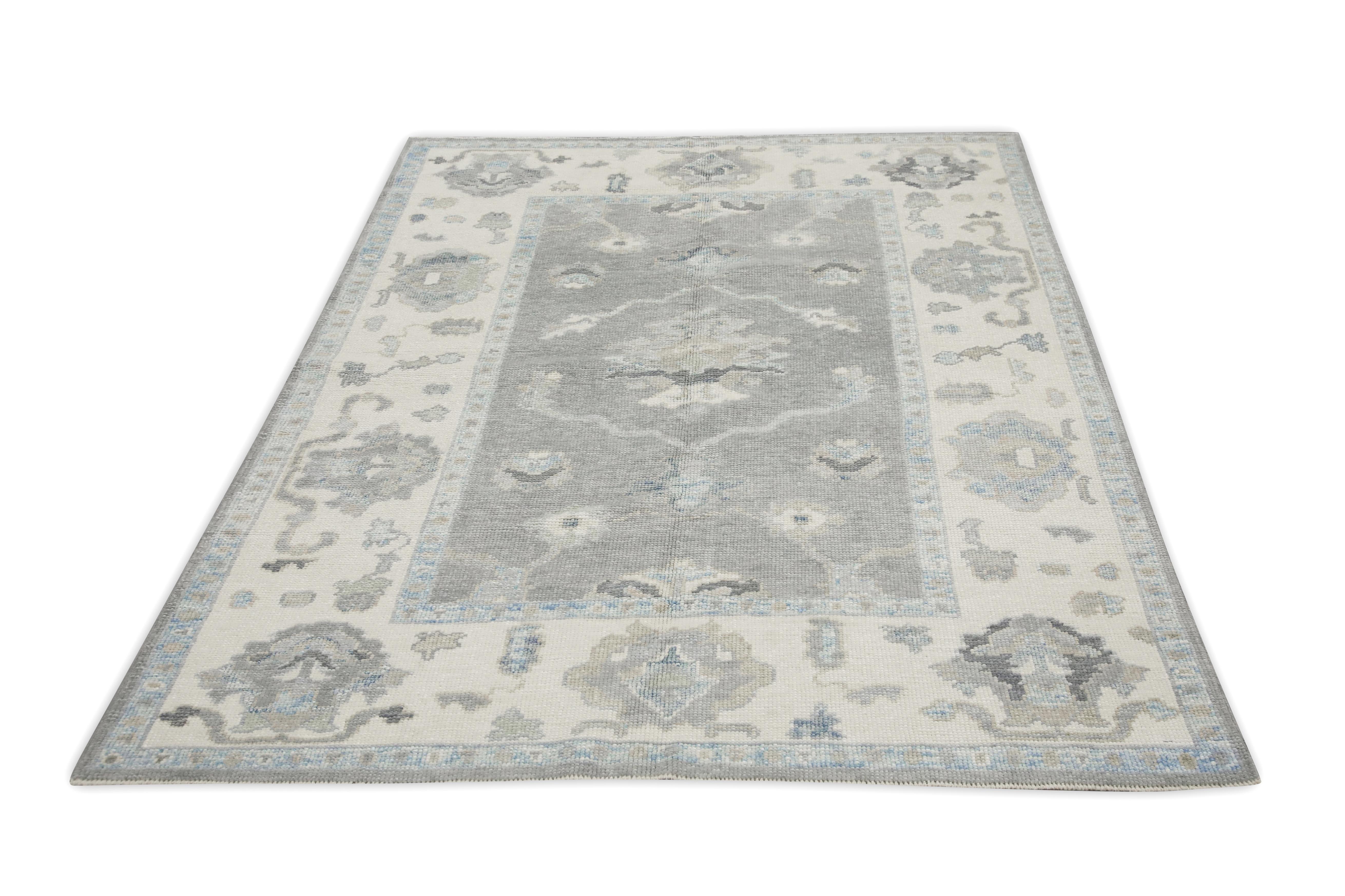 Contemporary Gray Floral Design Handwoven Wool Turkish Oushak Rug 4'9
