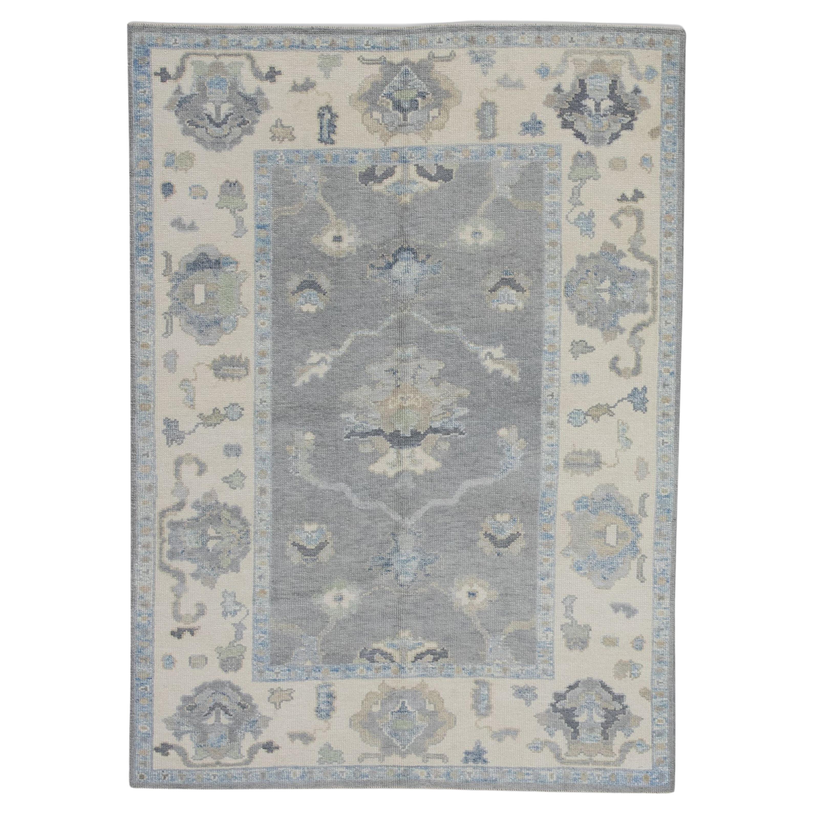 Gray Floral Design Handwoven Wool Turkish Oushak Rug 4'9" X 6'5" For Sale