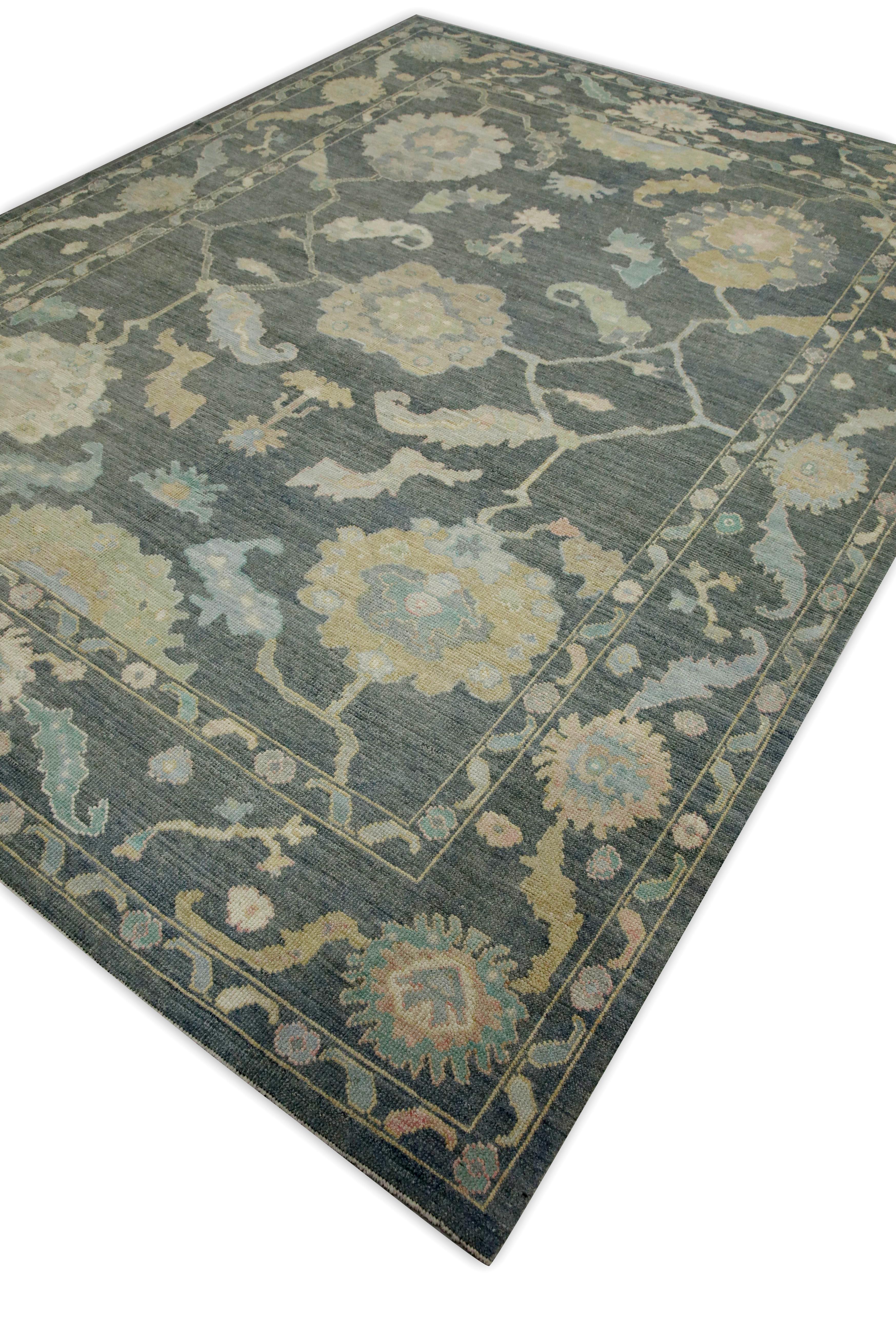 Contemporary Gray Floral Design Handwoven Wool Turkish Oushak Rug 8' x 10'6