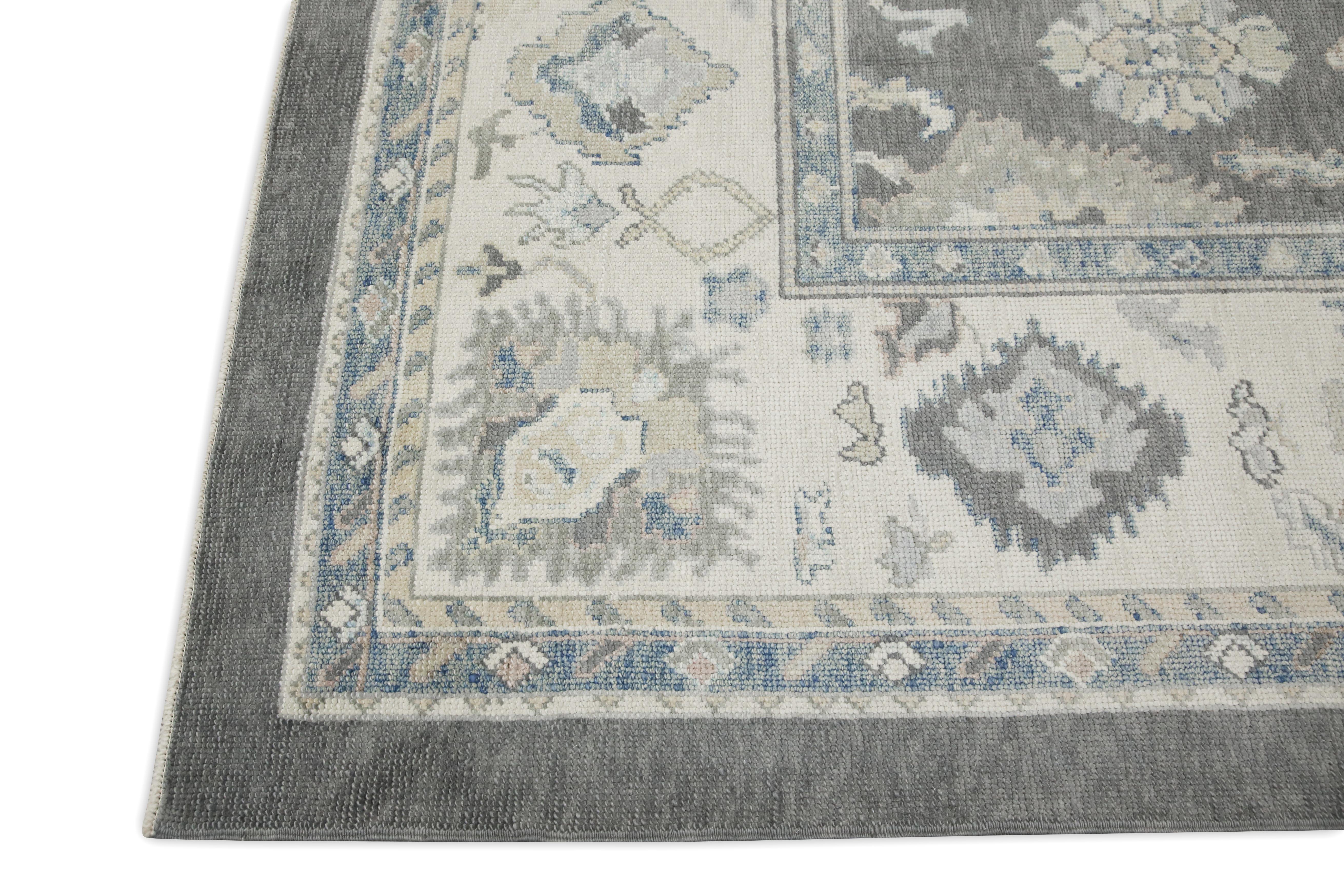 Vegetable Dyed Gray Floral Design Handwoven Wool Turkish Oushak Rug 8'9