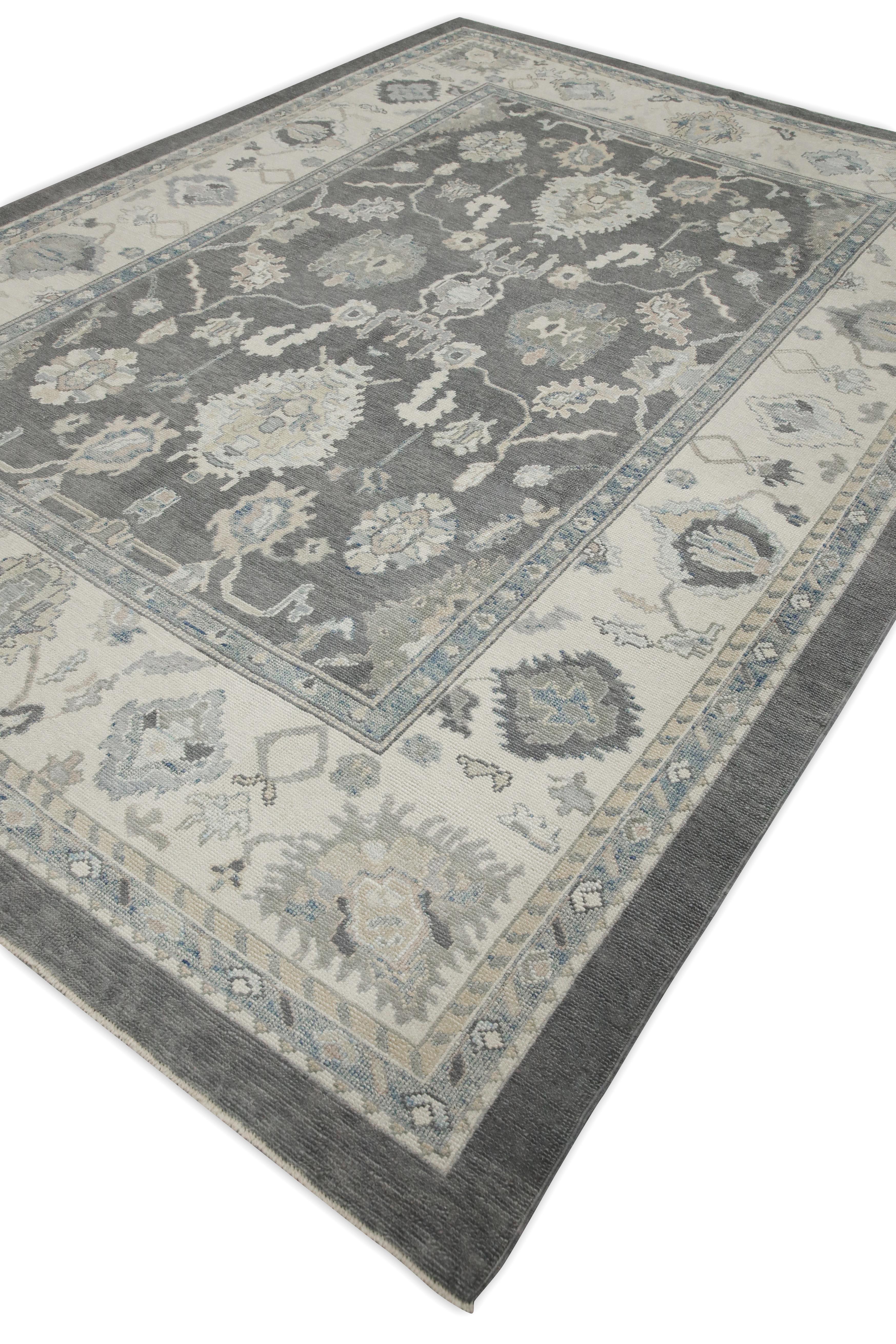 Contemporary Gray Floral Design Handwoven Wool Turkish Oushak Rug 8'9