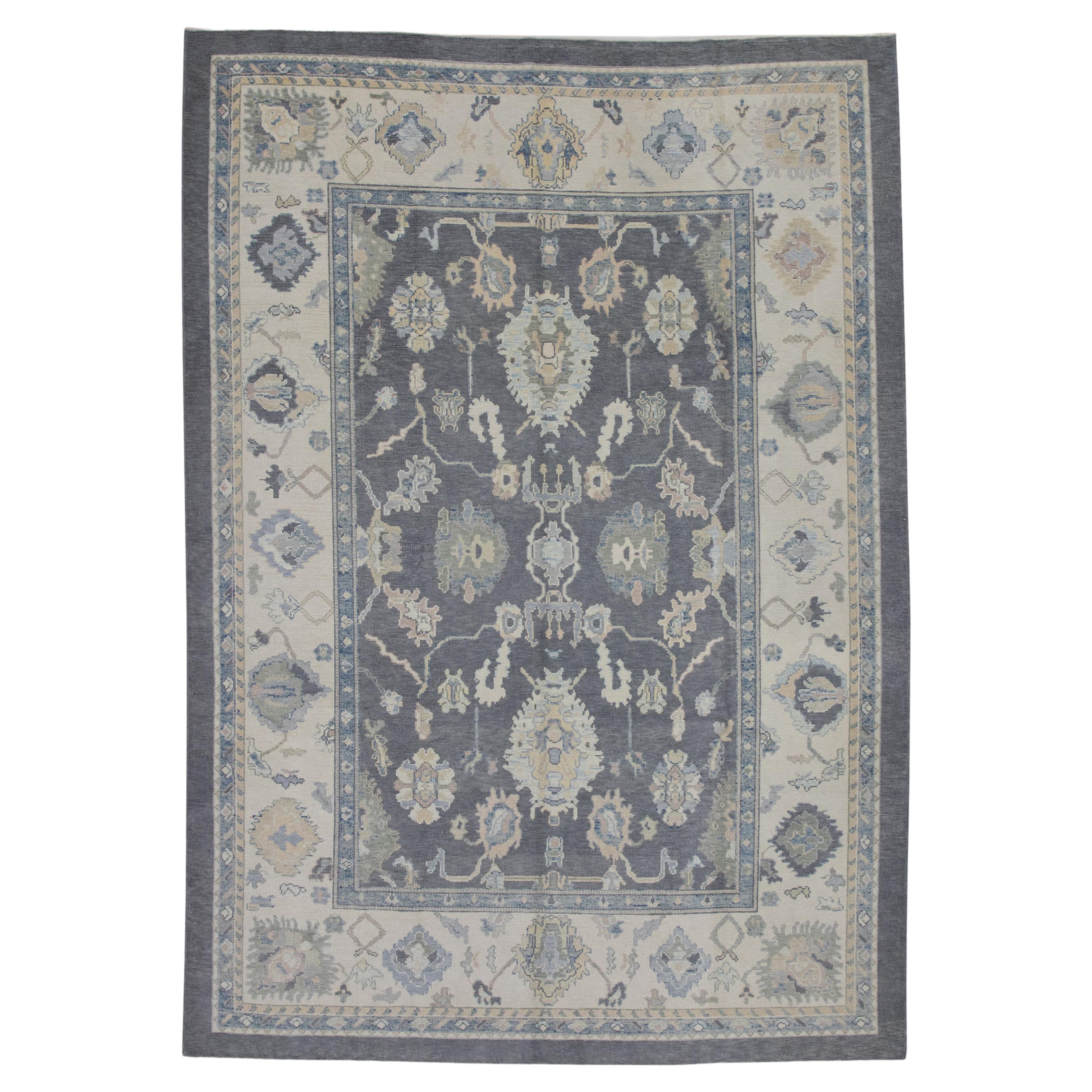 Gray Floral Design Handwoven Wool Turkish Oushak Rug 8'9" X 12'2" For Sale