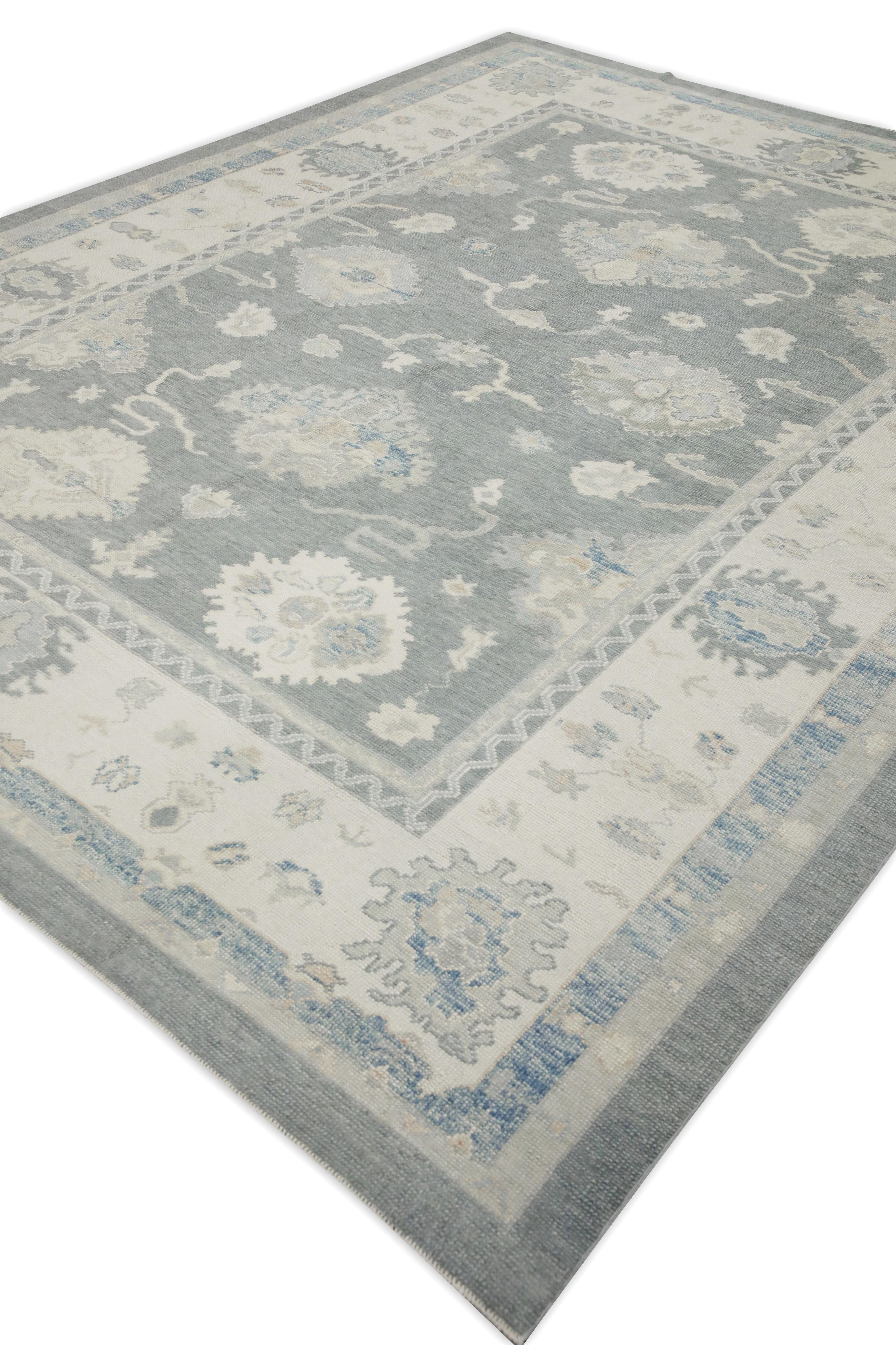 Contemporary Gray Floral Design Handwoven Wool Turkish Oushak Rug 9'1