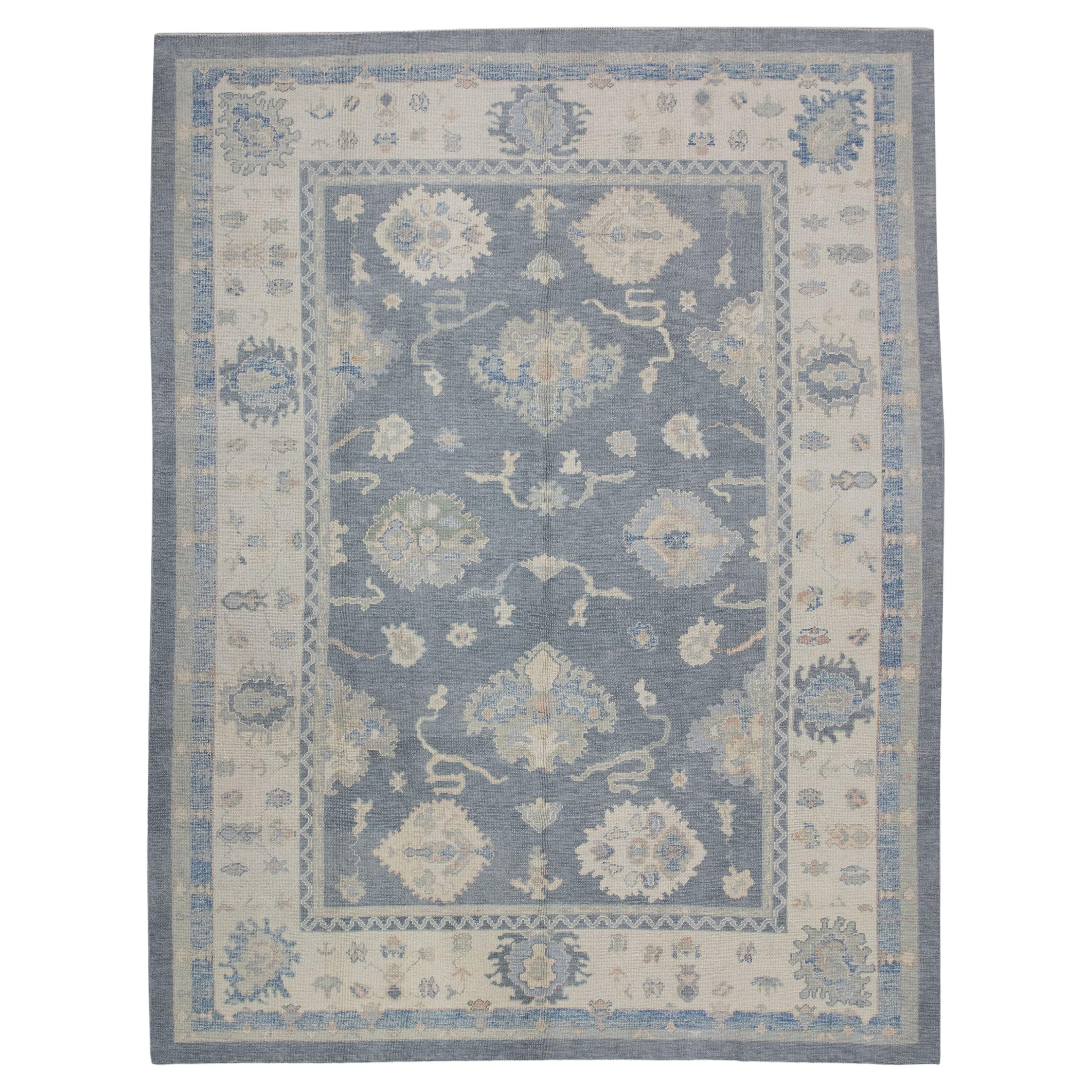 Gray Floral Design Handwoven Wool Turkish Oushak Rug 9'1" X 11'9" For Sale
