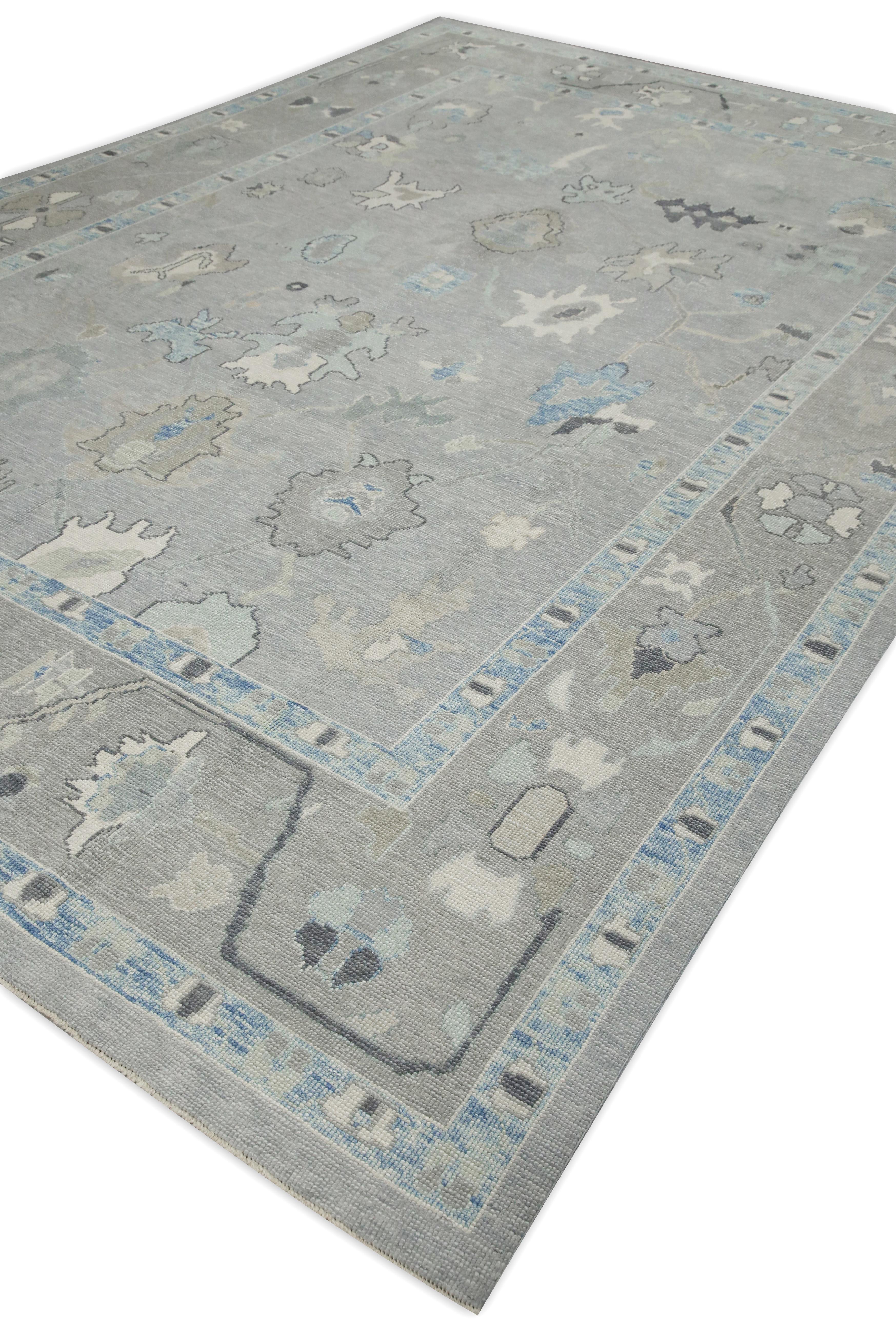 Contemporary Gray Floral Design Handwoven Wool Turkish Oushak Rug 9'8