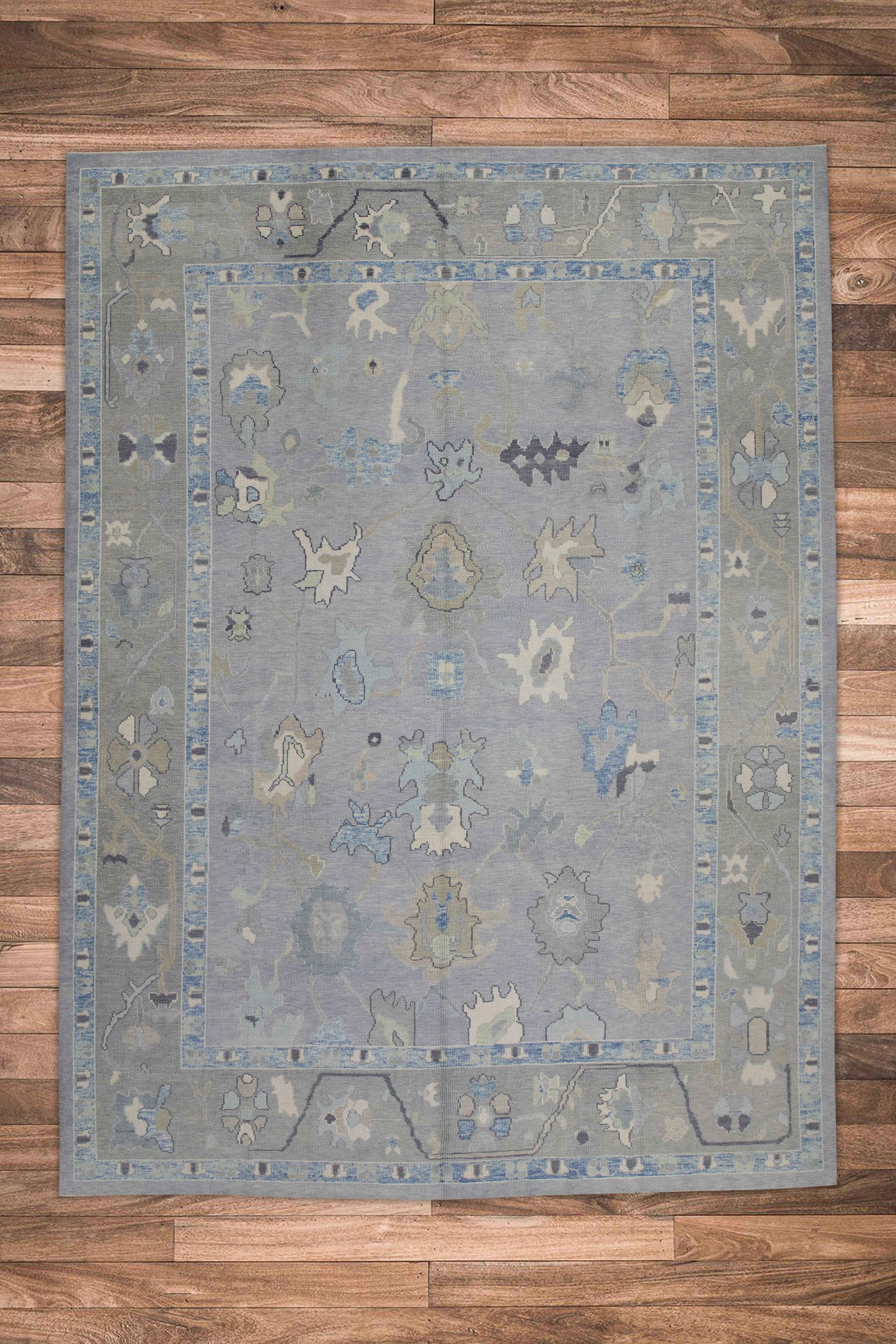 Gray Floral Design Handwoven Wool Turkish Oushak Rug 9'8