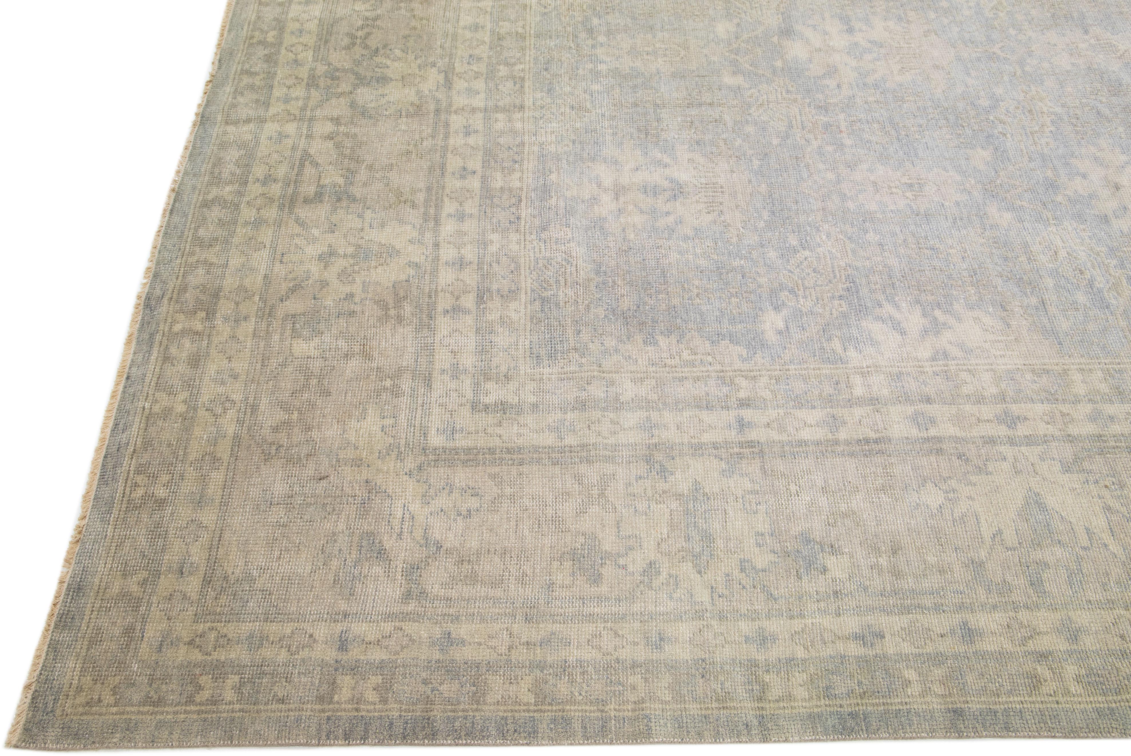 Indian Gray Floral Handmade Modern Oushak Style Wool Rug For Sale