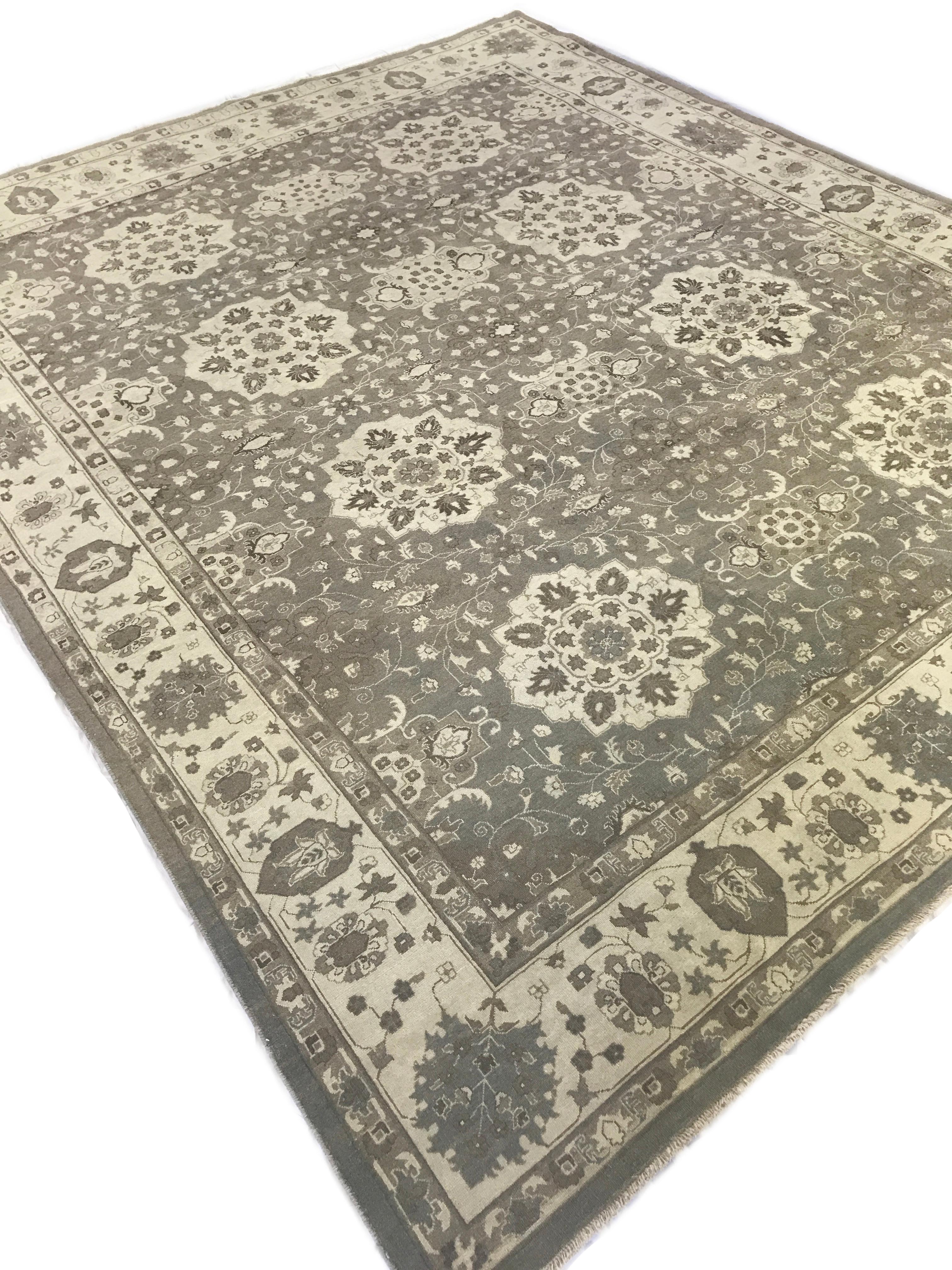 Pakistani Gray Floral Medallions Transitional Hand Knotted Wool Area Rug For Sale