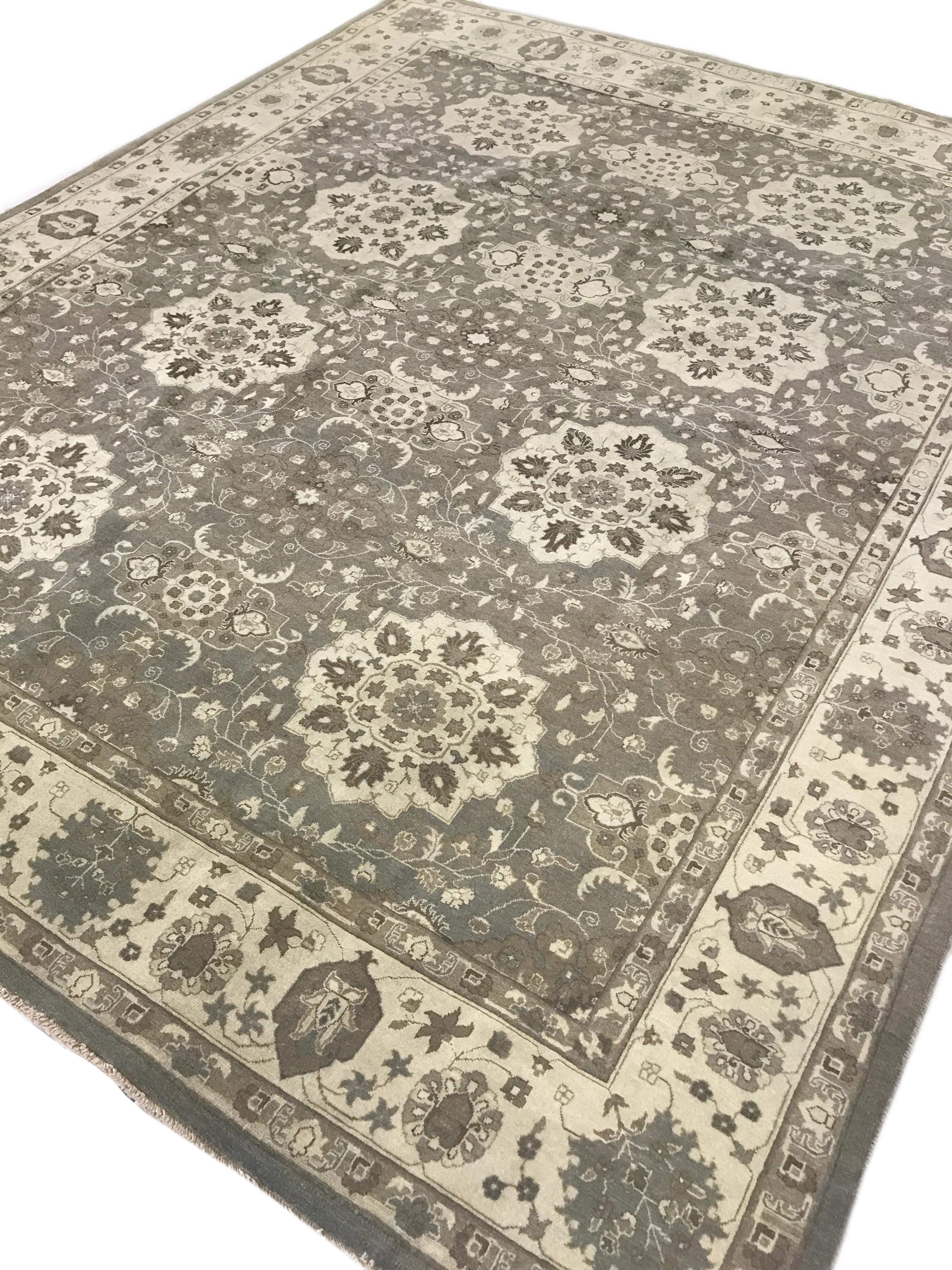 Hand-Knotted Gray Floral Medallions Transitional Hand Knotted Wool Area Rug For Sale