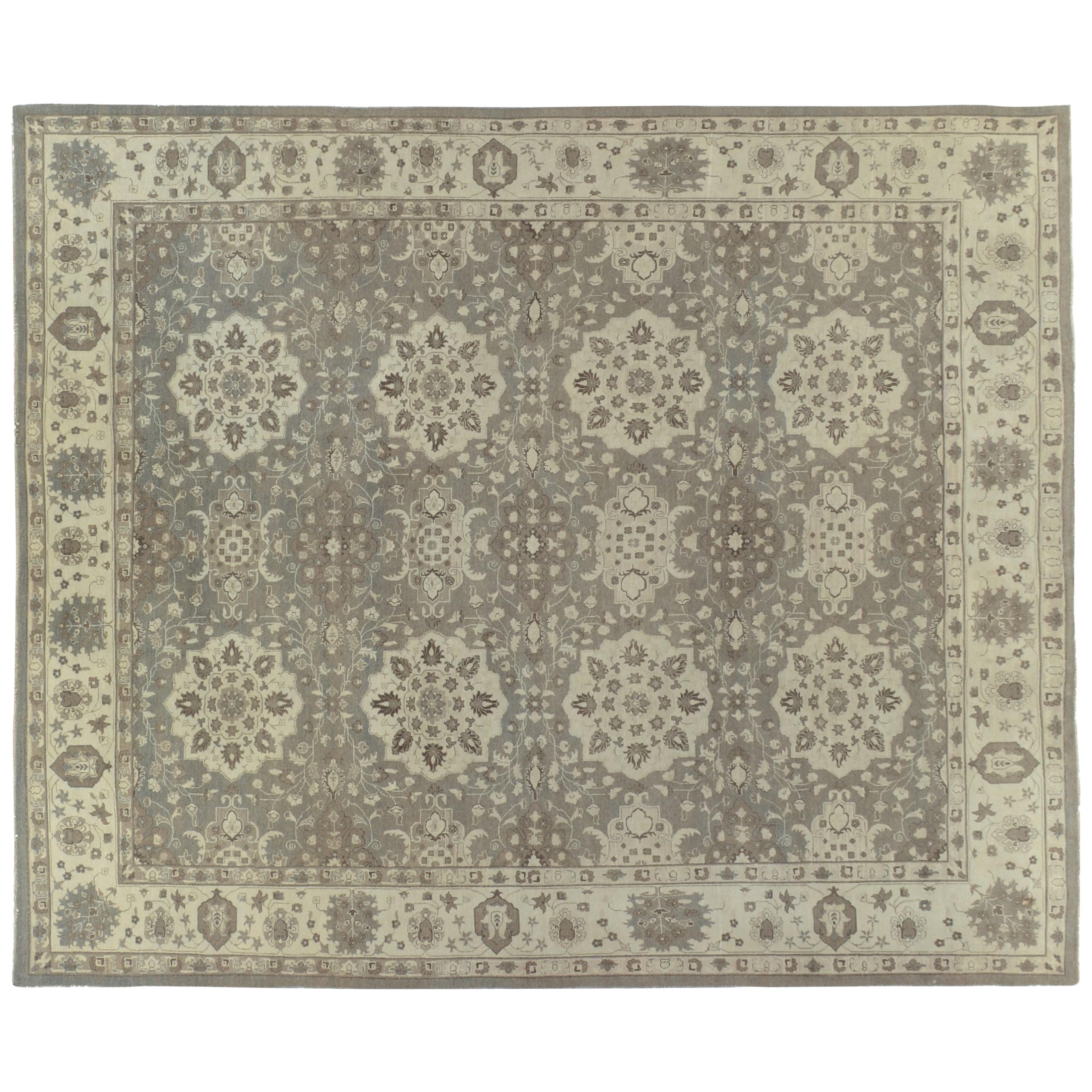 Gray Floral Medallions Transitional Hand Knotted Wool Area Rug For Sale
