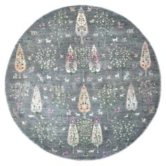 Tapis rond artisanal gris motif saule noué à la main 8'2" x 8'2"